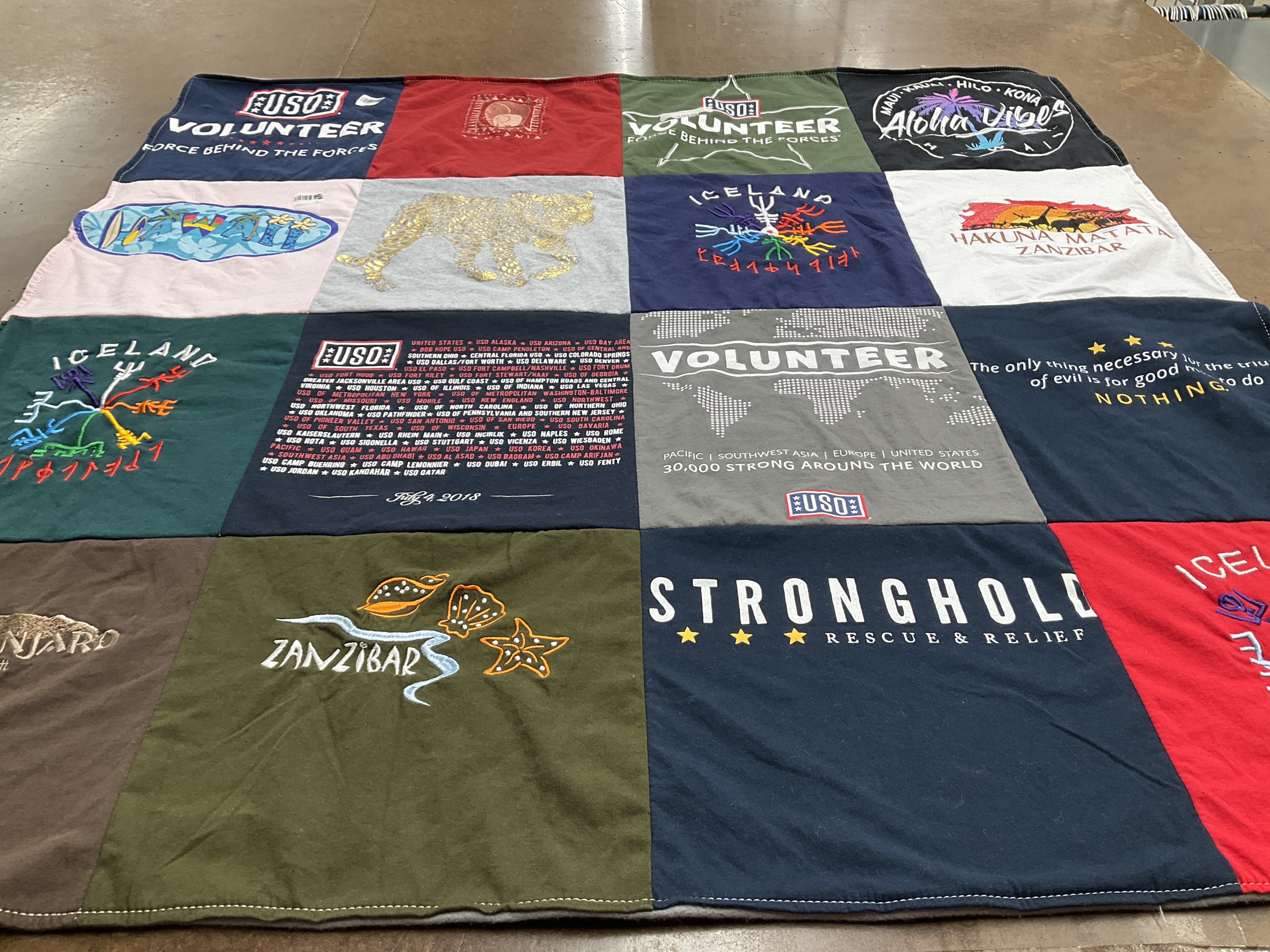 T-shirt quilt with volunteering, travel themes by Cassandra from FL