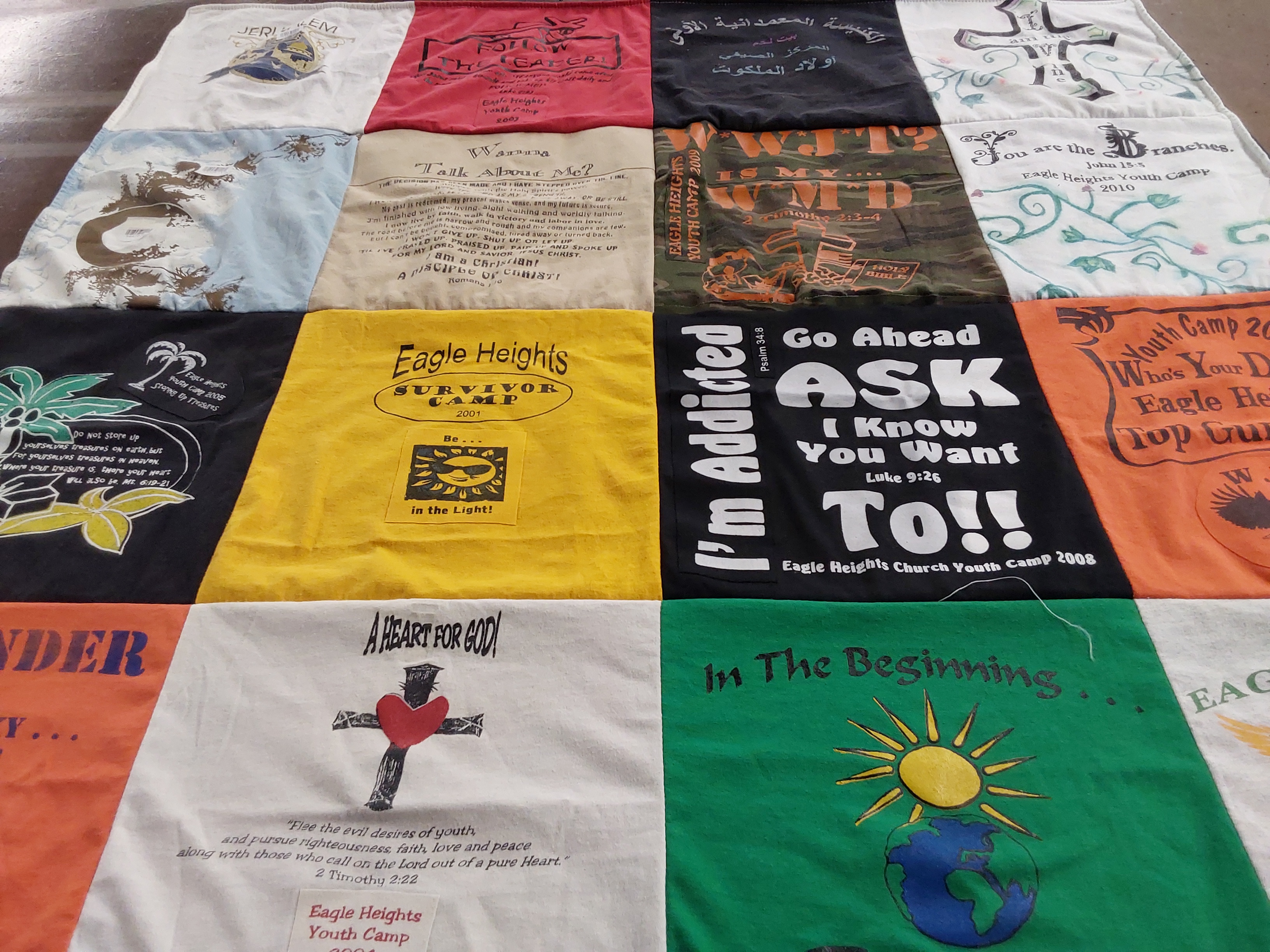 T-shirt quilt with camping, youth ministry themes by Polly from NC
