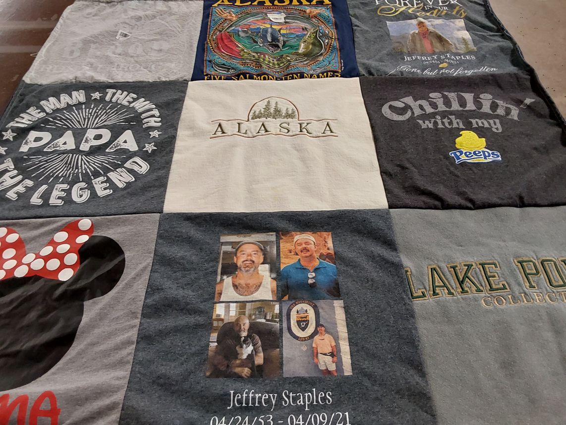 T-shirt quilt with fishing, family themes by Pat from AZ