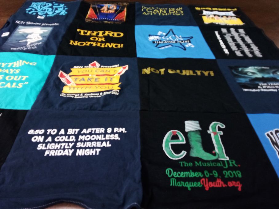 T-shirt quilt with theater, musicals themes by Rebecca from IL