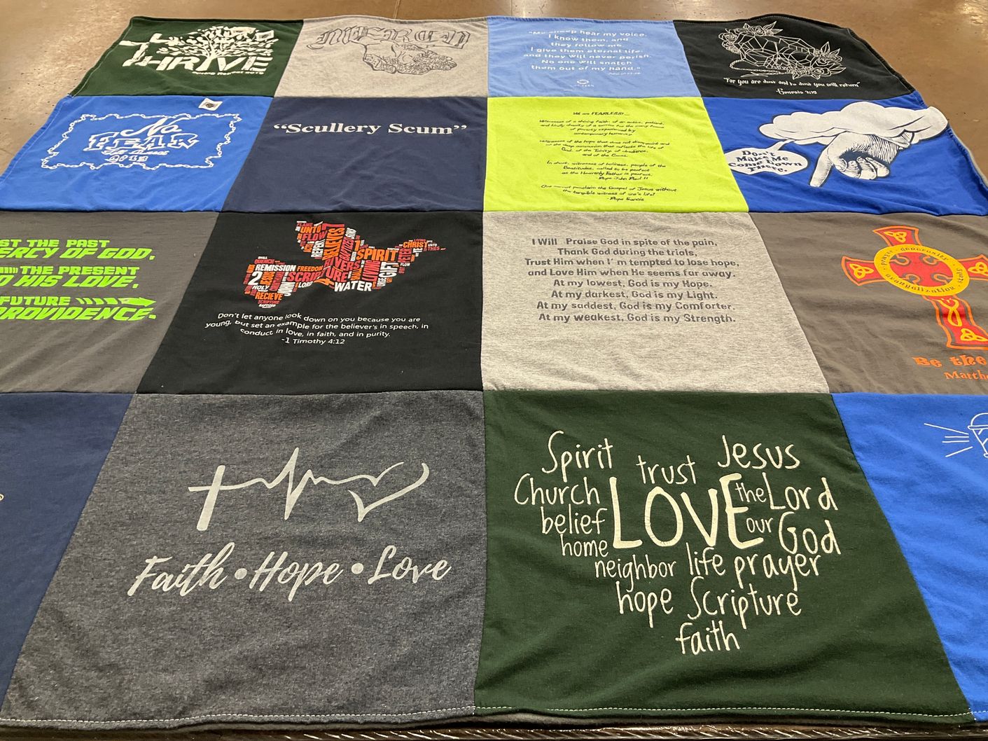 T-shirt quilt with faith, religion themes by Katherine from OH