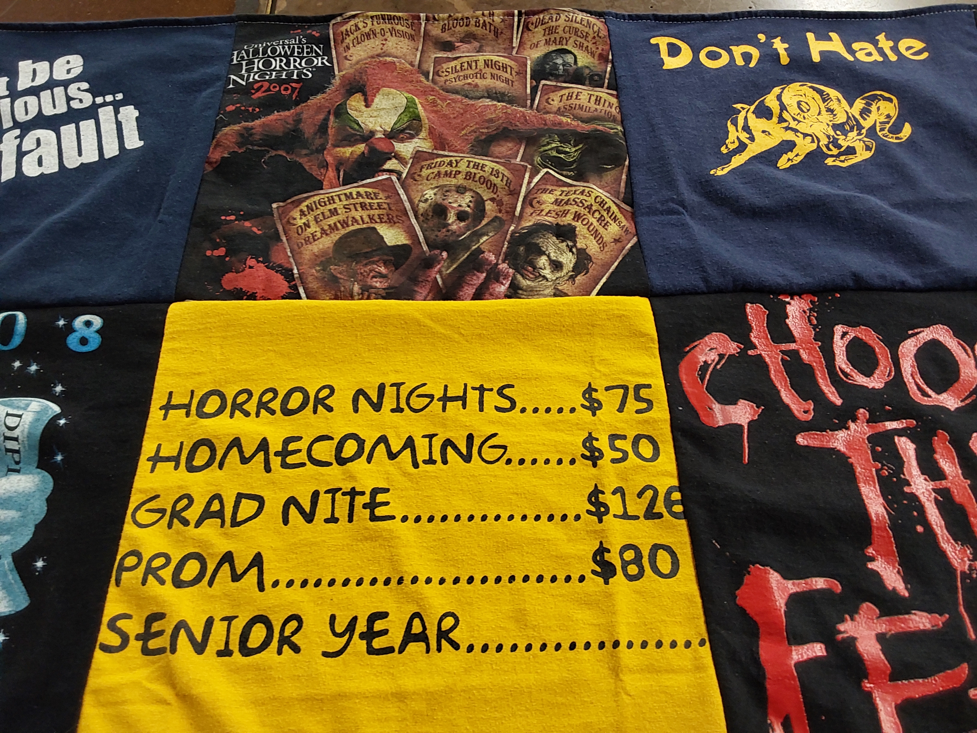 T-shirt quilt with horror movies, theme parks themes by Cecilie from FL