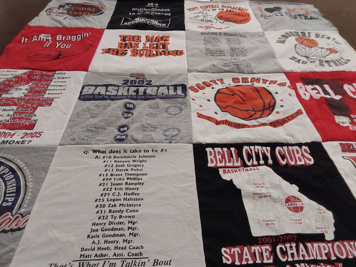 T-shirt quilt featuring bell city cubs basketball, scott central basketball by Randy from MO