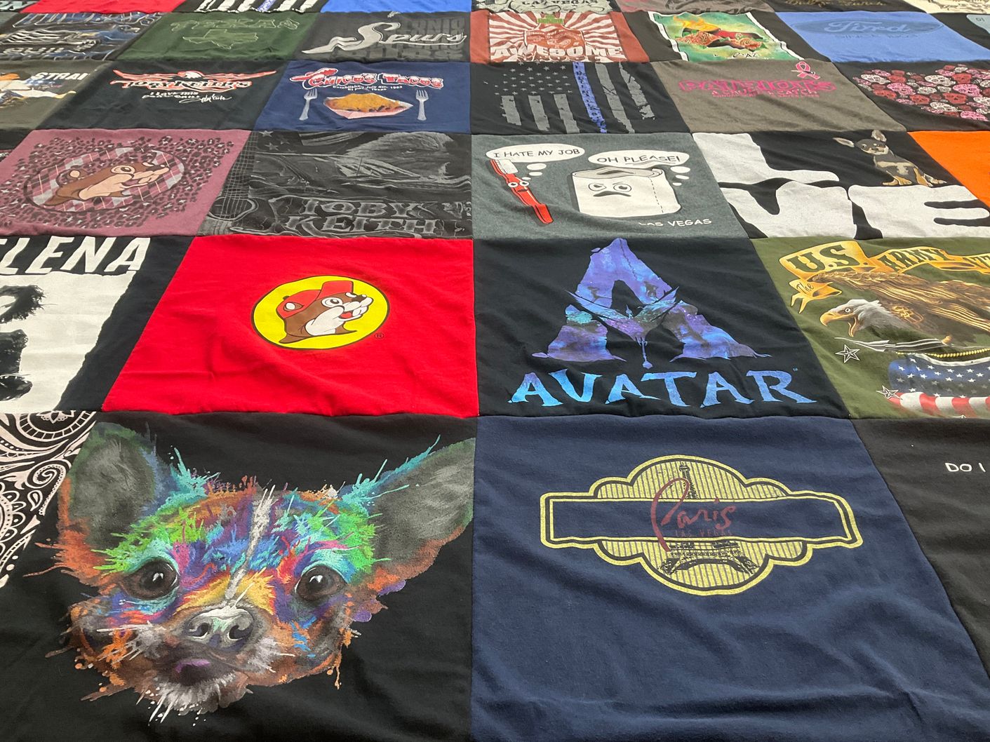 T-shirt quilt with music, animals themes by Sylvia from TX