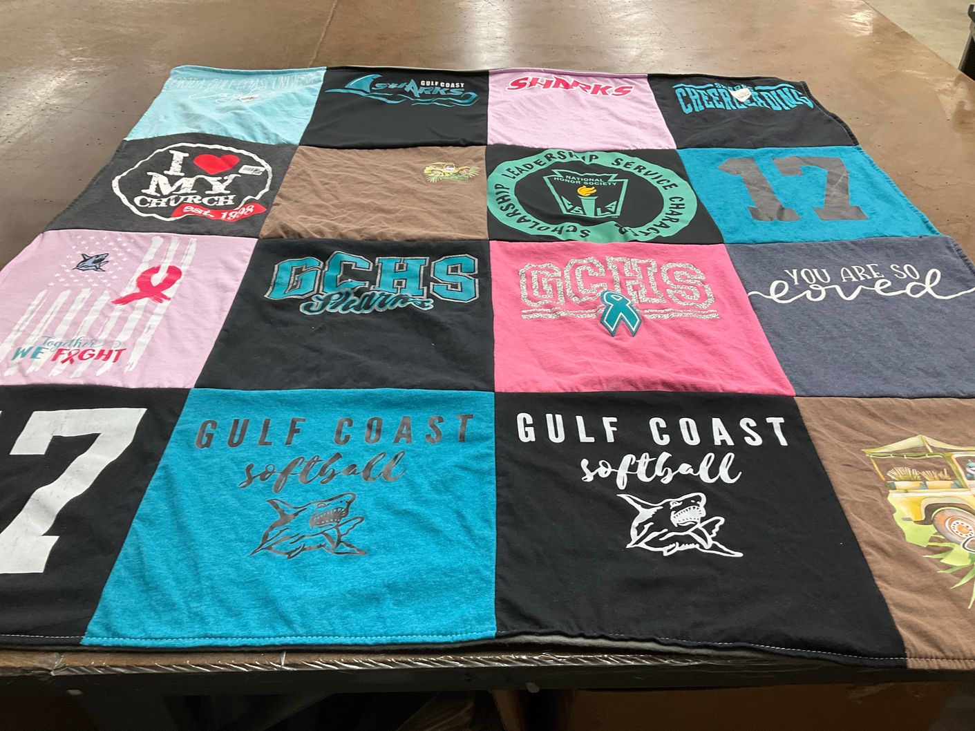 T-shirt quilt featuring gulf coast high school softball, gulf coast high school sharks by Nicole from FL