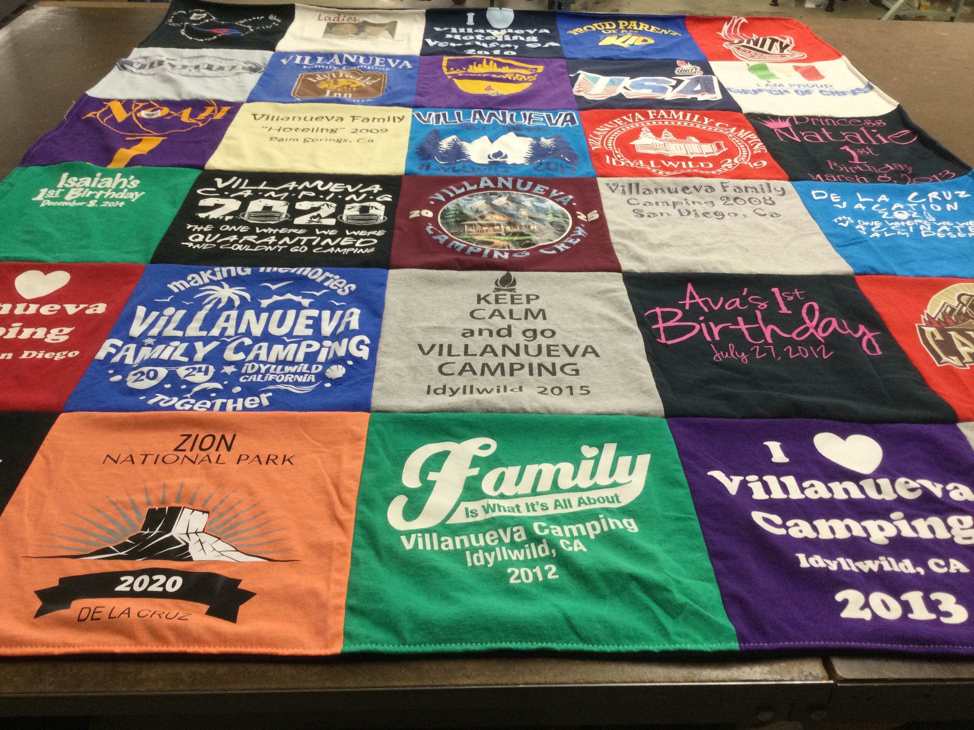 T-shirt quilt with camping, family outings themes by Naomie from CA