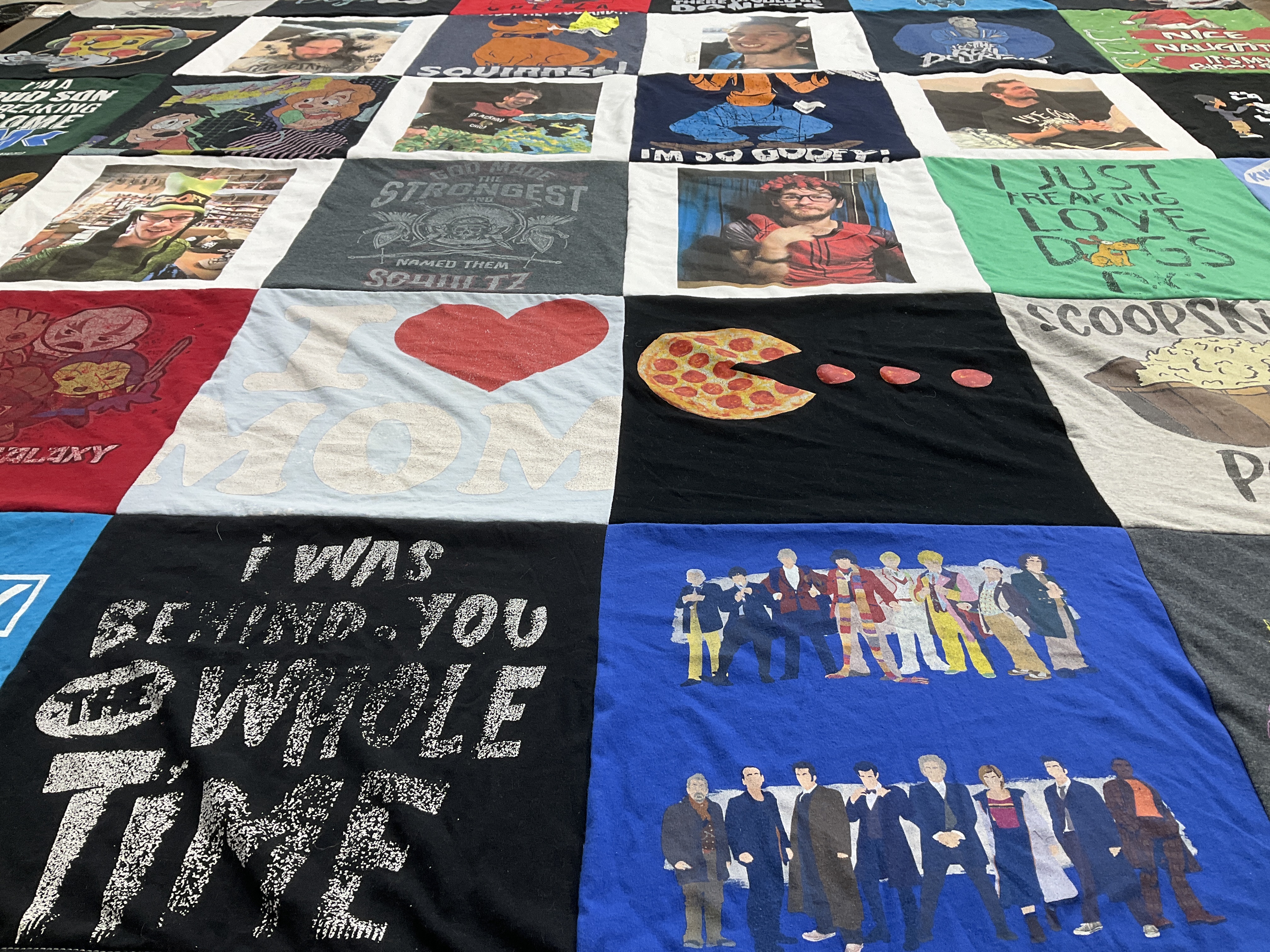T-shirt quilt with comedy, gaming themes by Jennifer from IL