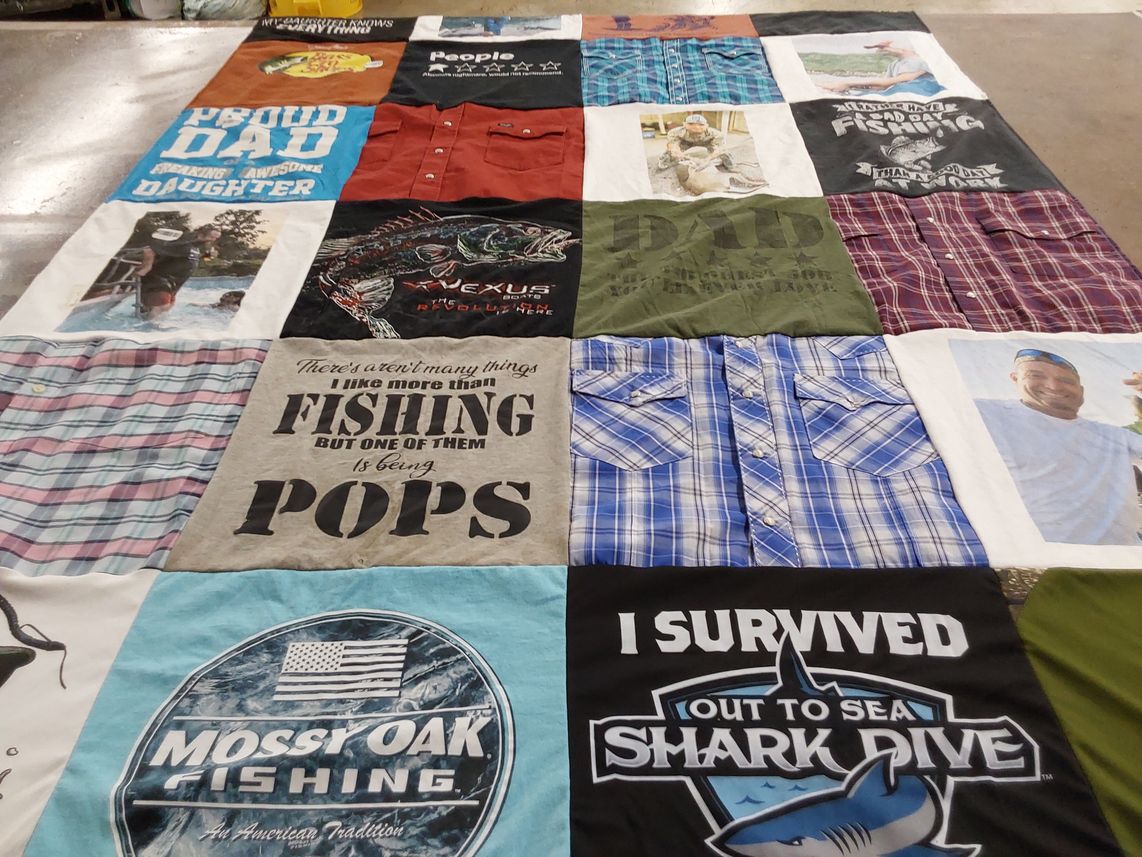 T-shirt quilt with fishing themes by Ashley from TX