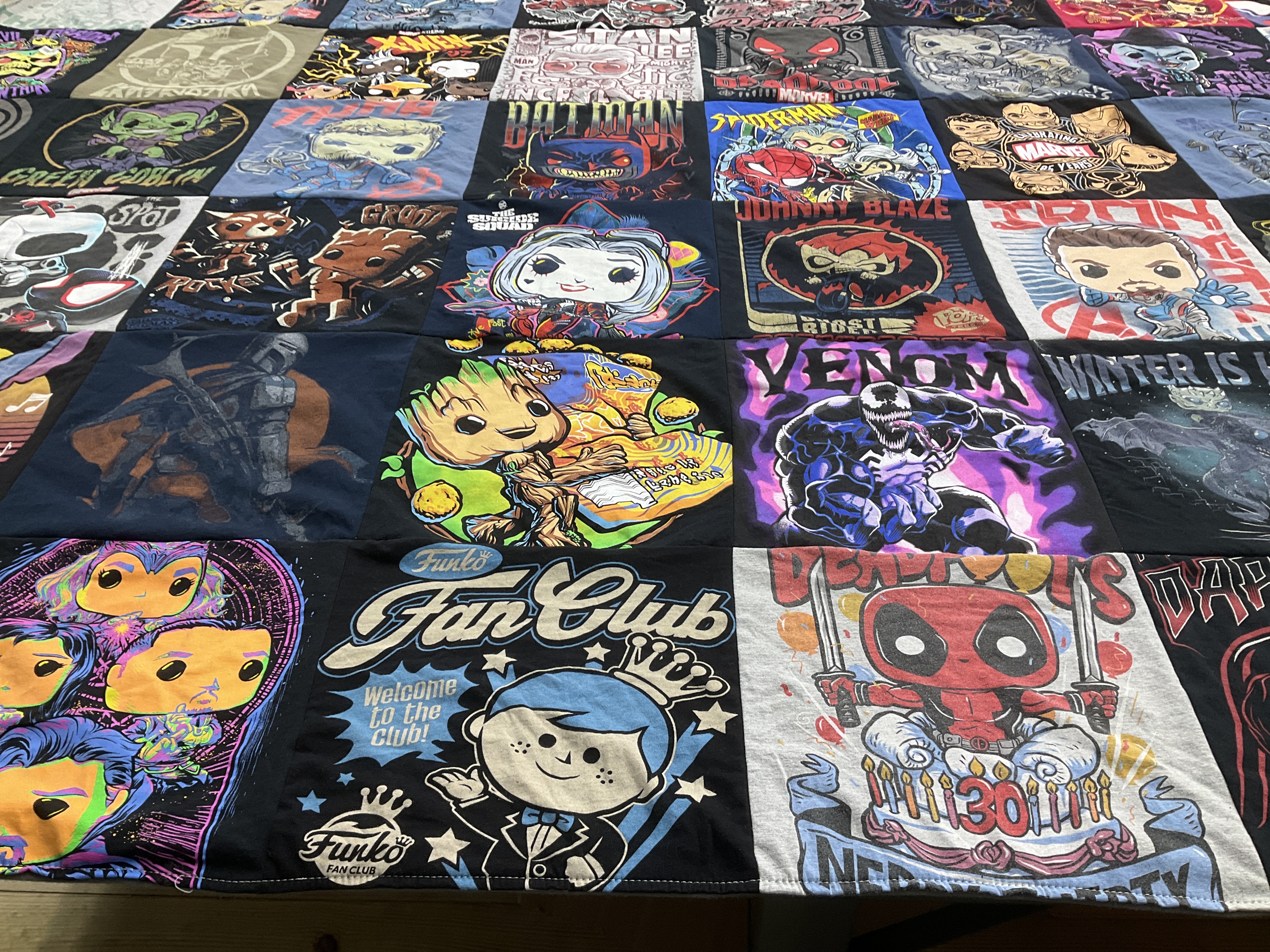 T-shirt quilt with pop culture, comic books themes by Sherry from NE