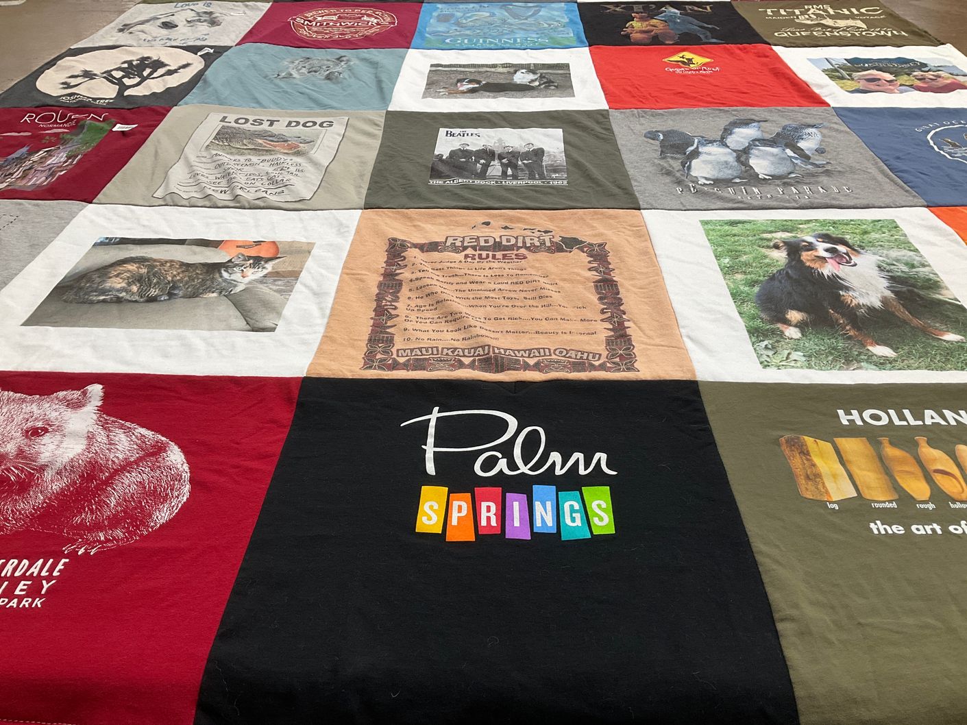 T-shirt quilt with animals, cats themes by Marilyn from BC
