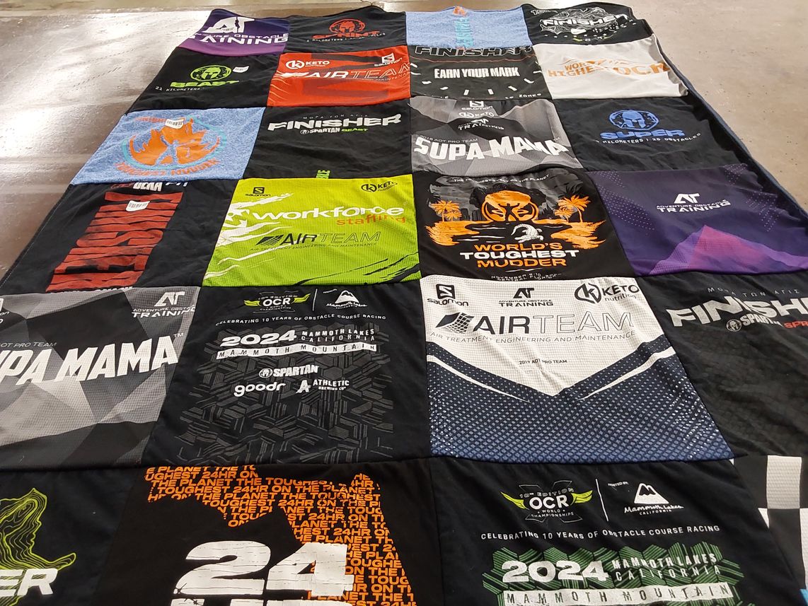 T-shirt quilt with obstacle course racing, fitness themes by Tom from CO