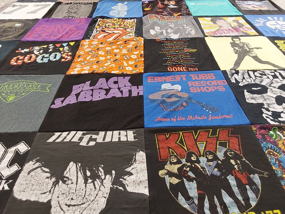 T-shirt quilt with music, rock themes by Julie from MD