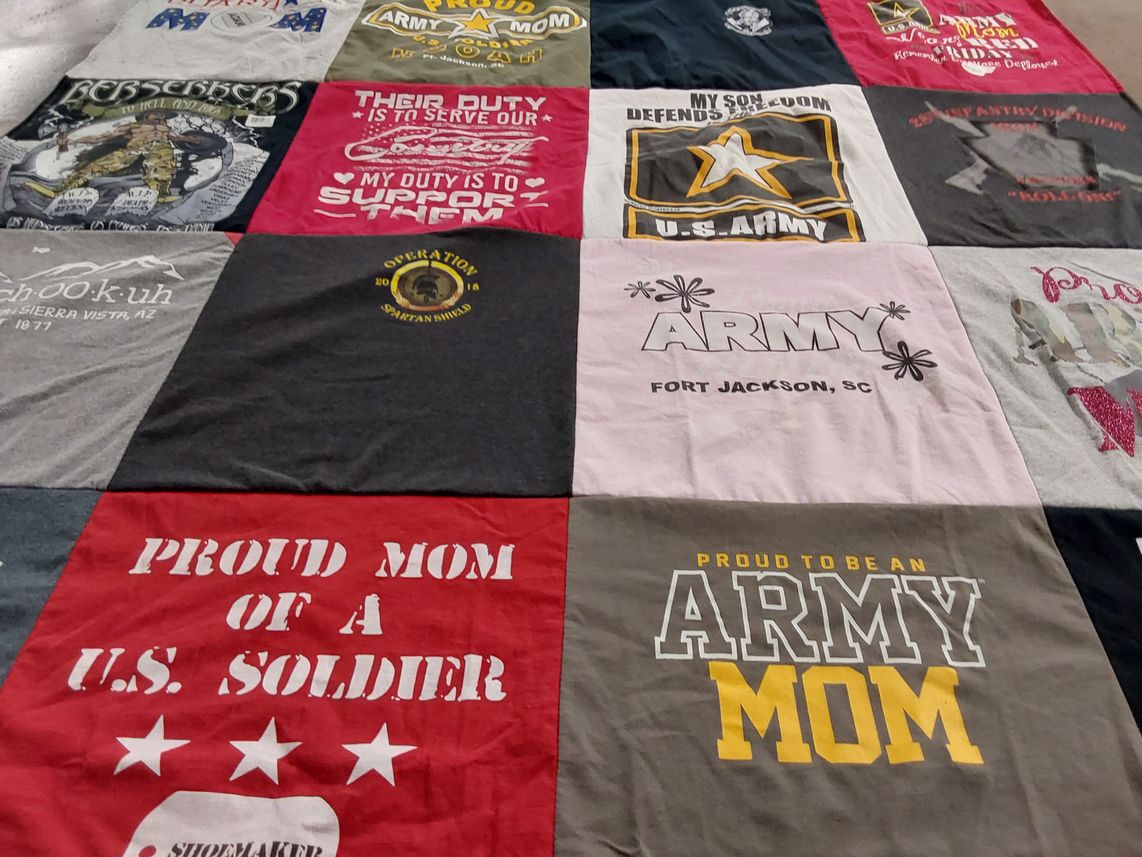 T-shirt quilt with military, supporting soldiers themes by Bethann from PA