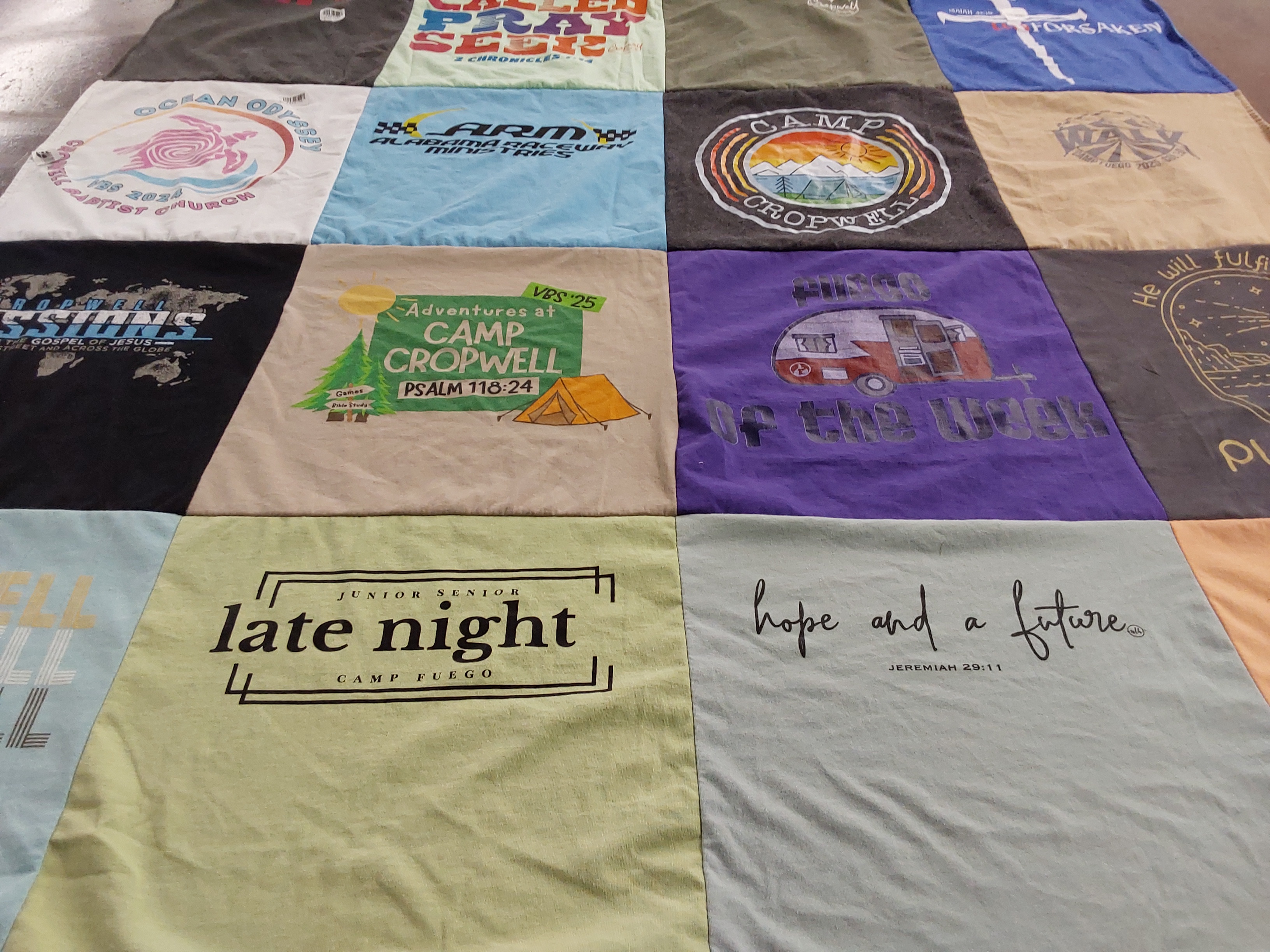 T-shirt quilt with camping, youth activities themes by Stacy from AL