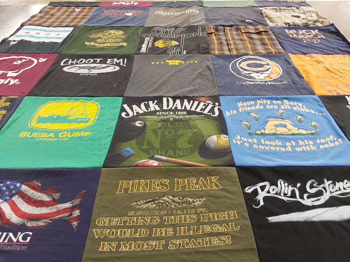 T-shirt quilt with cooking, fishing themes by Stephanie from IL