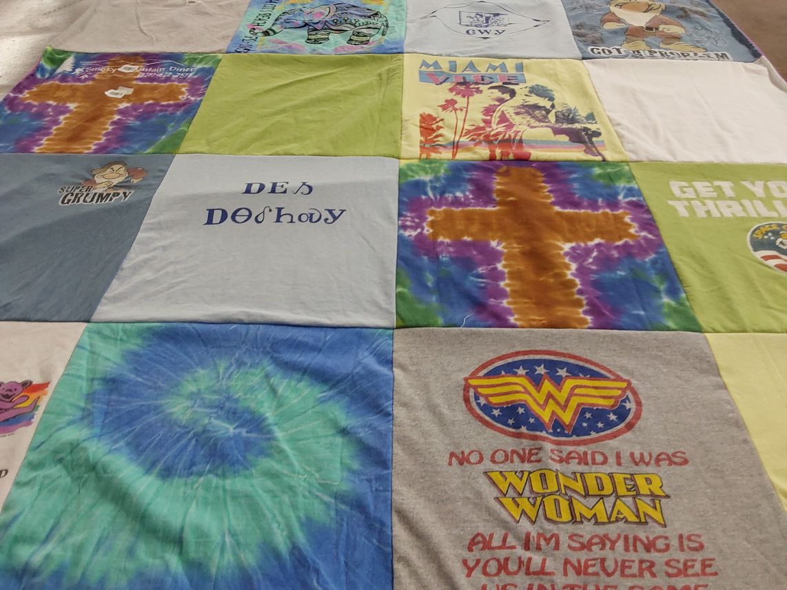 T-shirt quilt with spirituality, humor themes by Michelle from NC