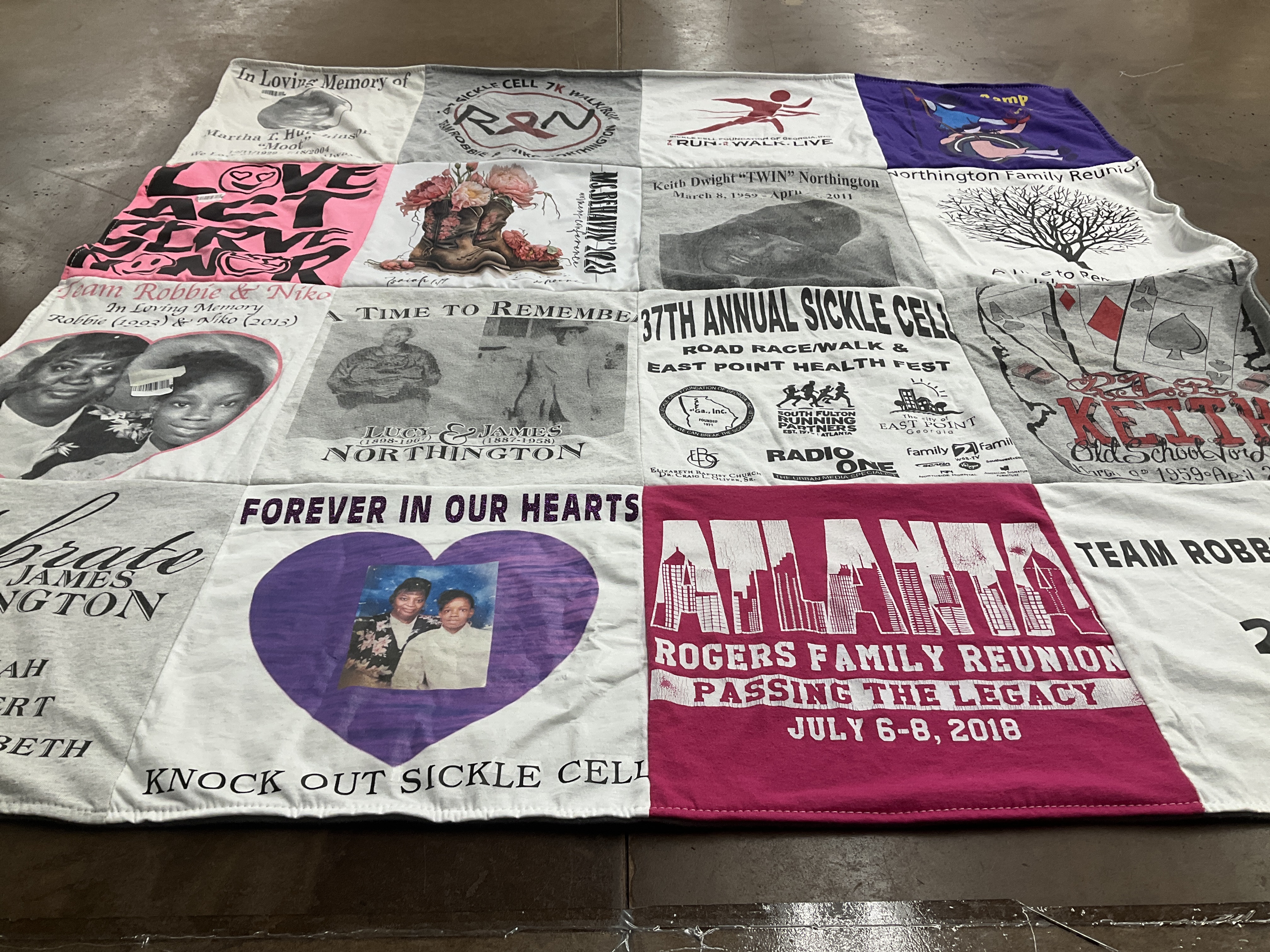T-shirt quilt with family gatherings, health awareness themes by Raukisha from CO