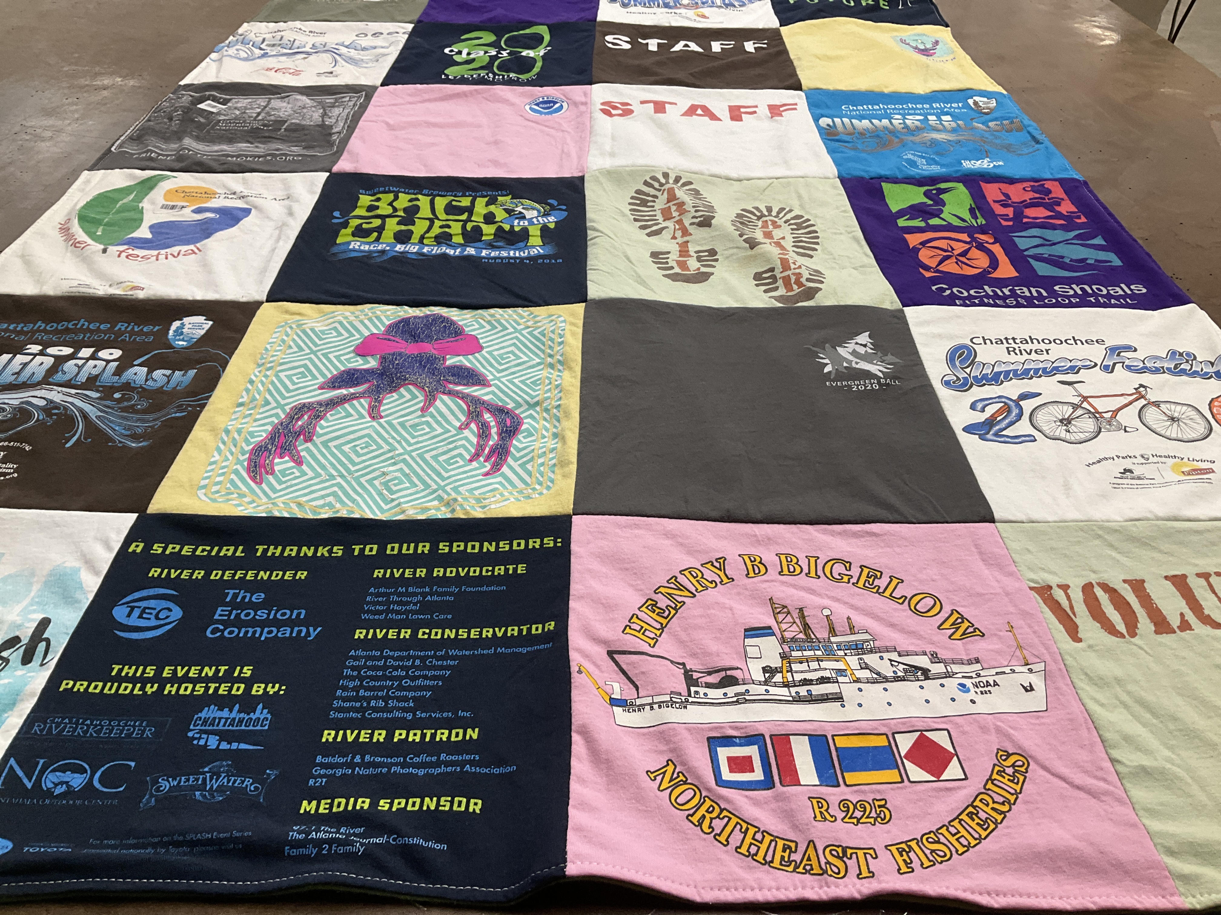 T-shirt quilt with outdoor activities, environmental conservation themes by Raukisha from CO