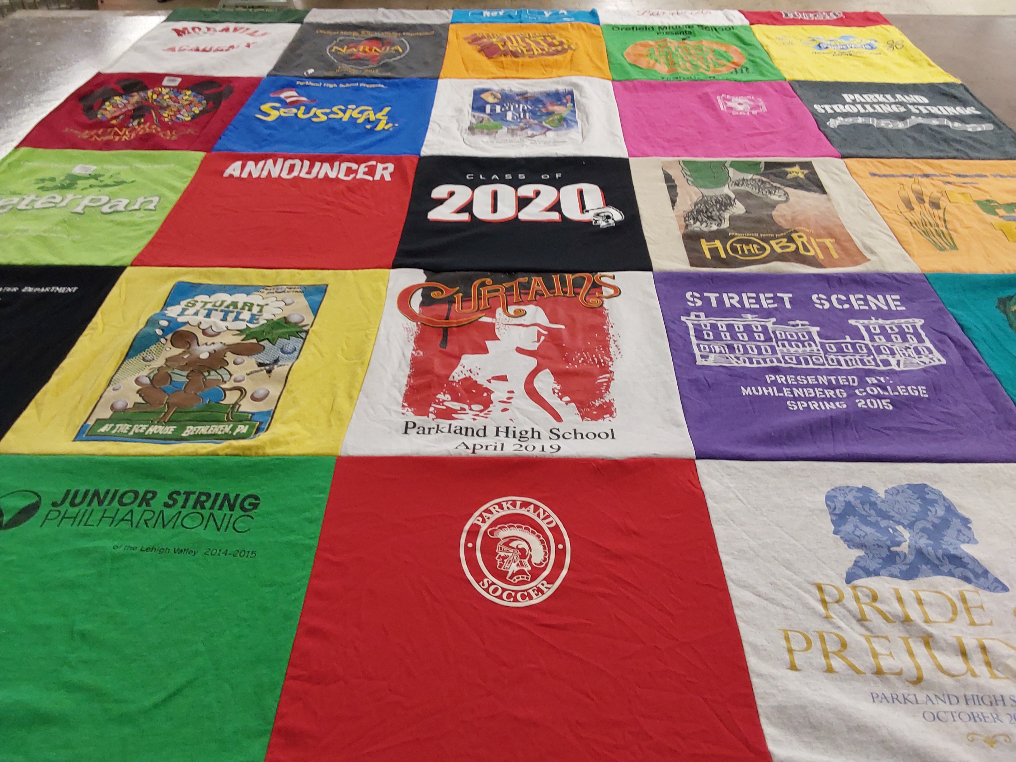 Custom Project Repat t-shirt quilt featuring shirts from parkland high school, muhlenberg college.