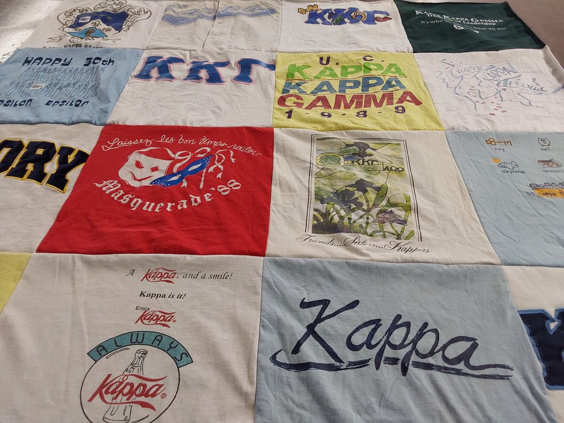 T-shirt quilt with sororities, fraternity life themes by Christine from NJ