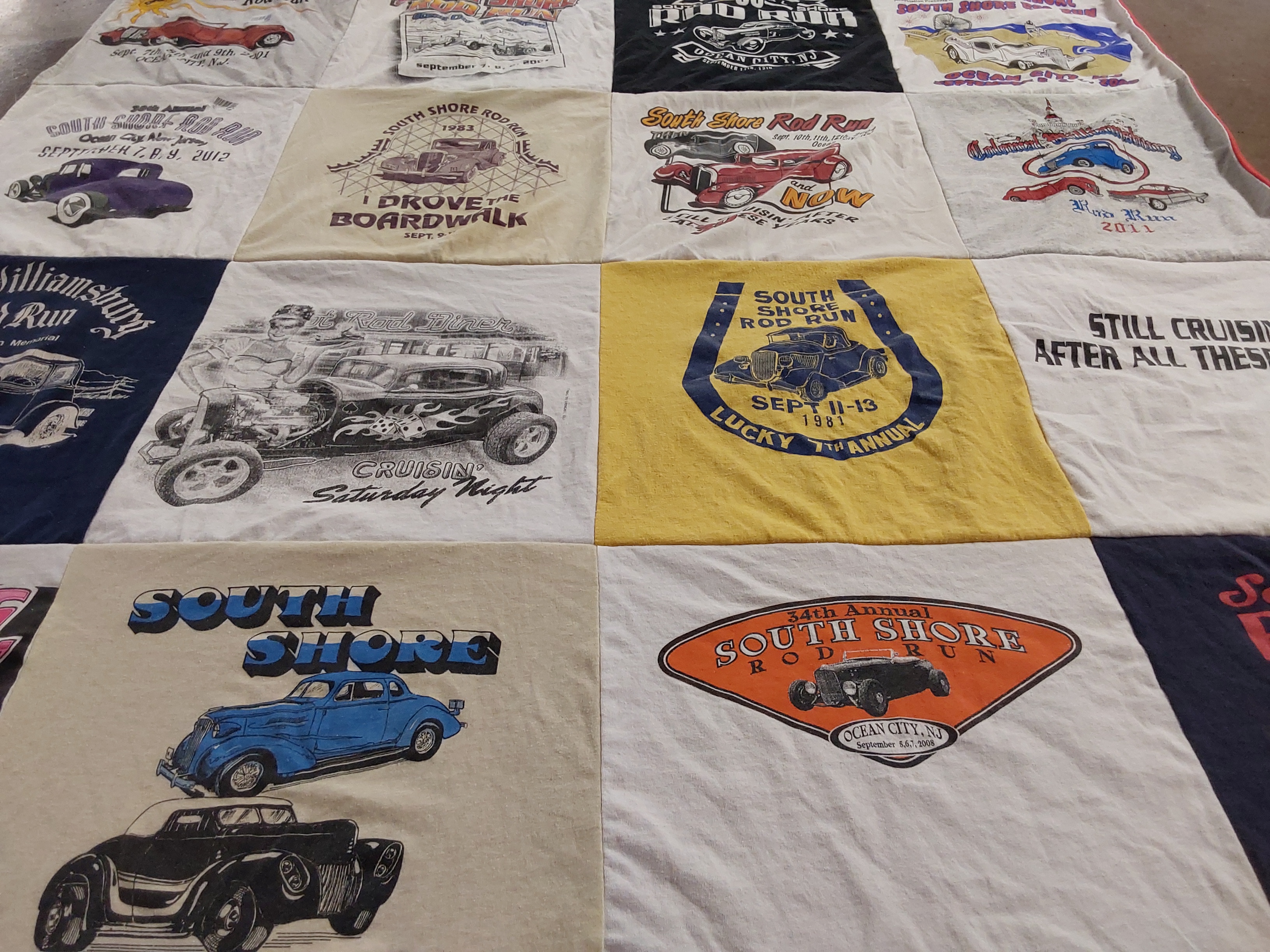 T-shirt quilt with automobiles, car shows themes by Mary from FL