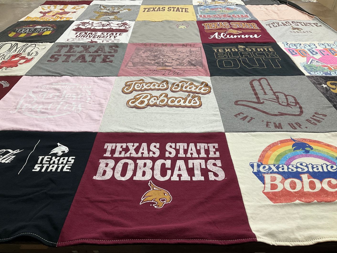 T-shirt quilt featuring texas state bobcats by Trudy from TX