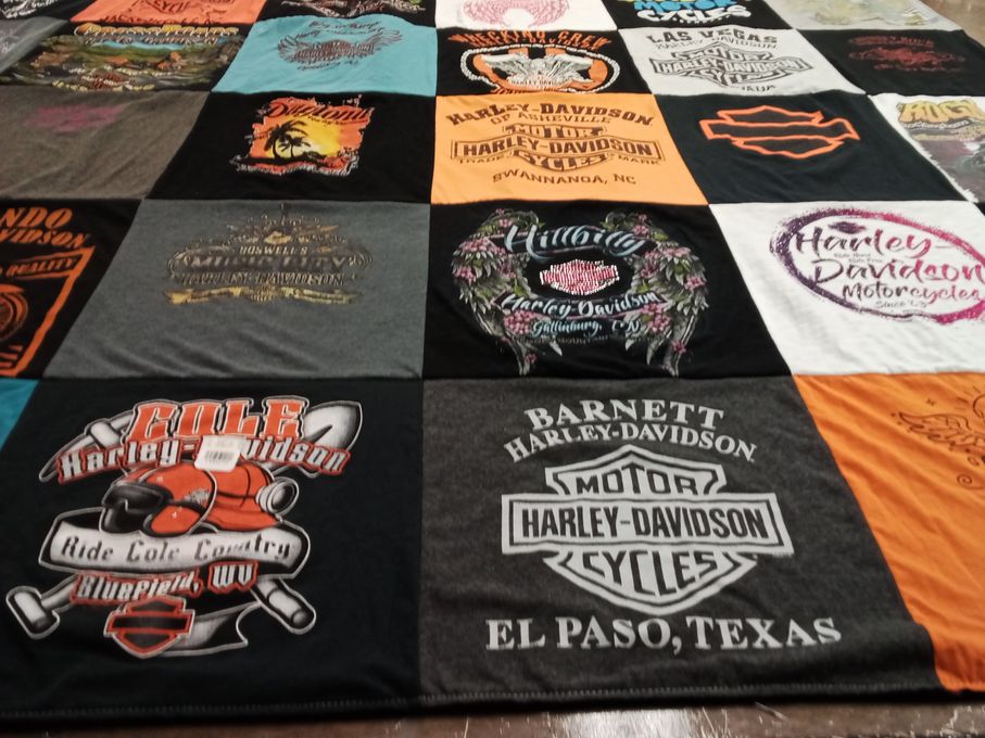 T-shirt quilt with motorcycles, biking themes by Faith from NC