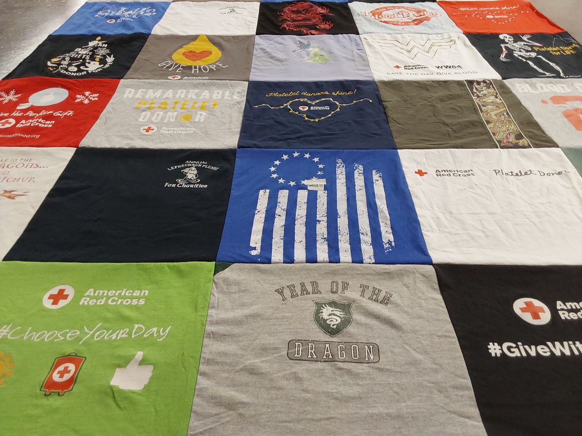 T-shirt quilt with blood donation, charity events themes by Tara from MA