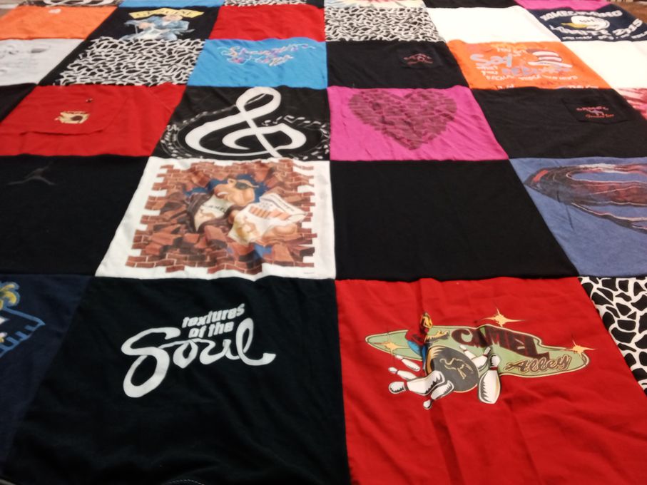 T-shirt quilt with music, bowling themes by Sheila from GA