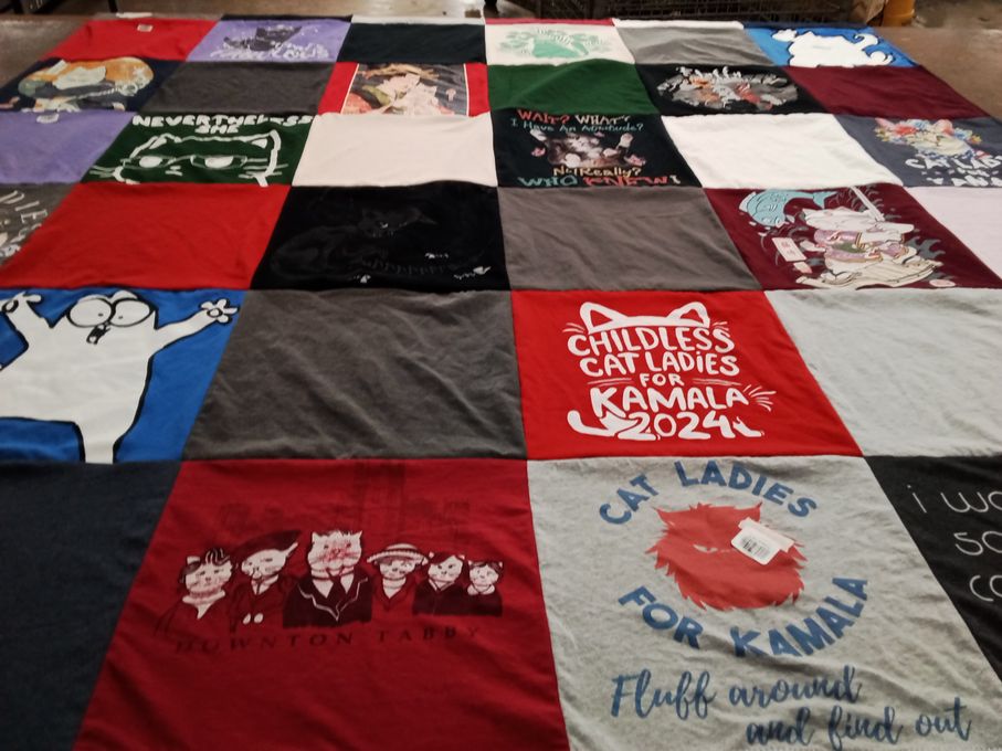 T-shirt quilt with cats, politics themes by Debra from OR
