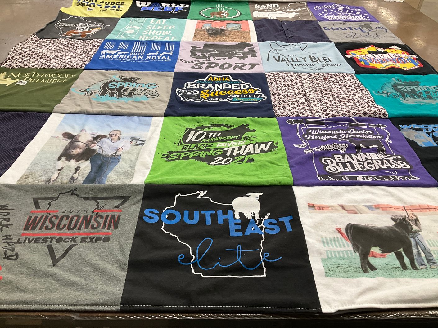 T-shirt quilt with agriculture, livestock themes by Sami from WI