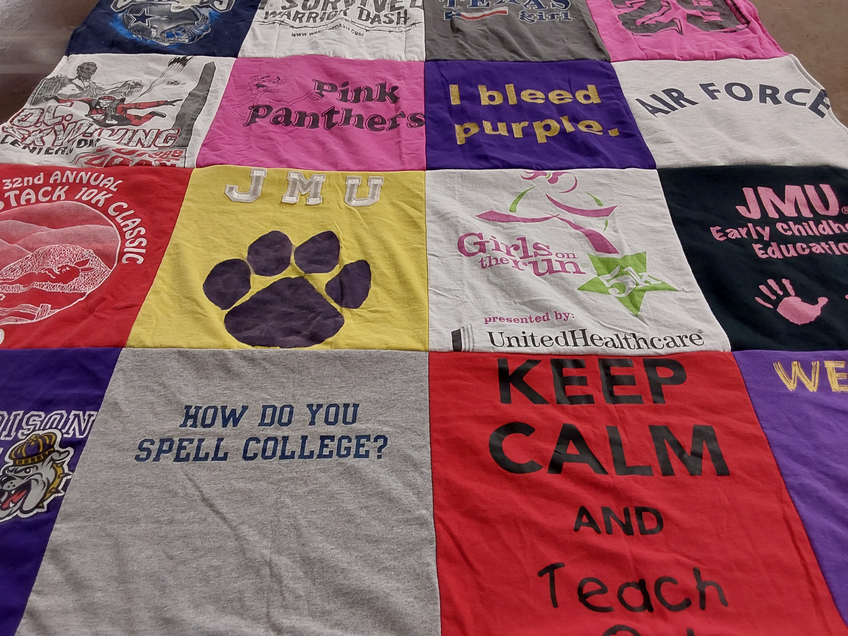 Custom Project Repat t-shirt quilt featuring shirts from james madison university.