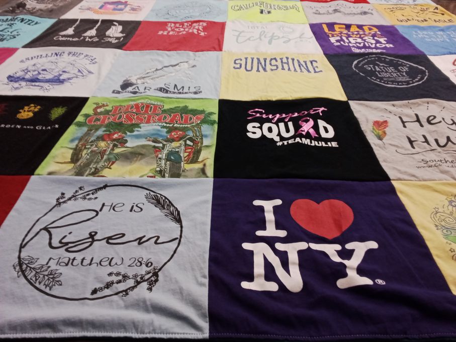 T-shirt quilt with motorcycles, community support themes by Carol from AL