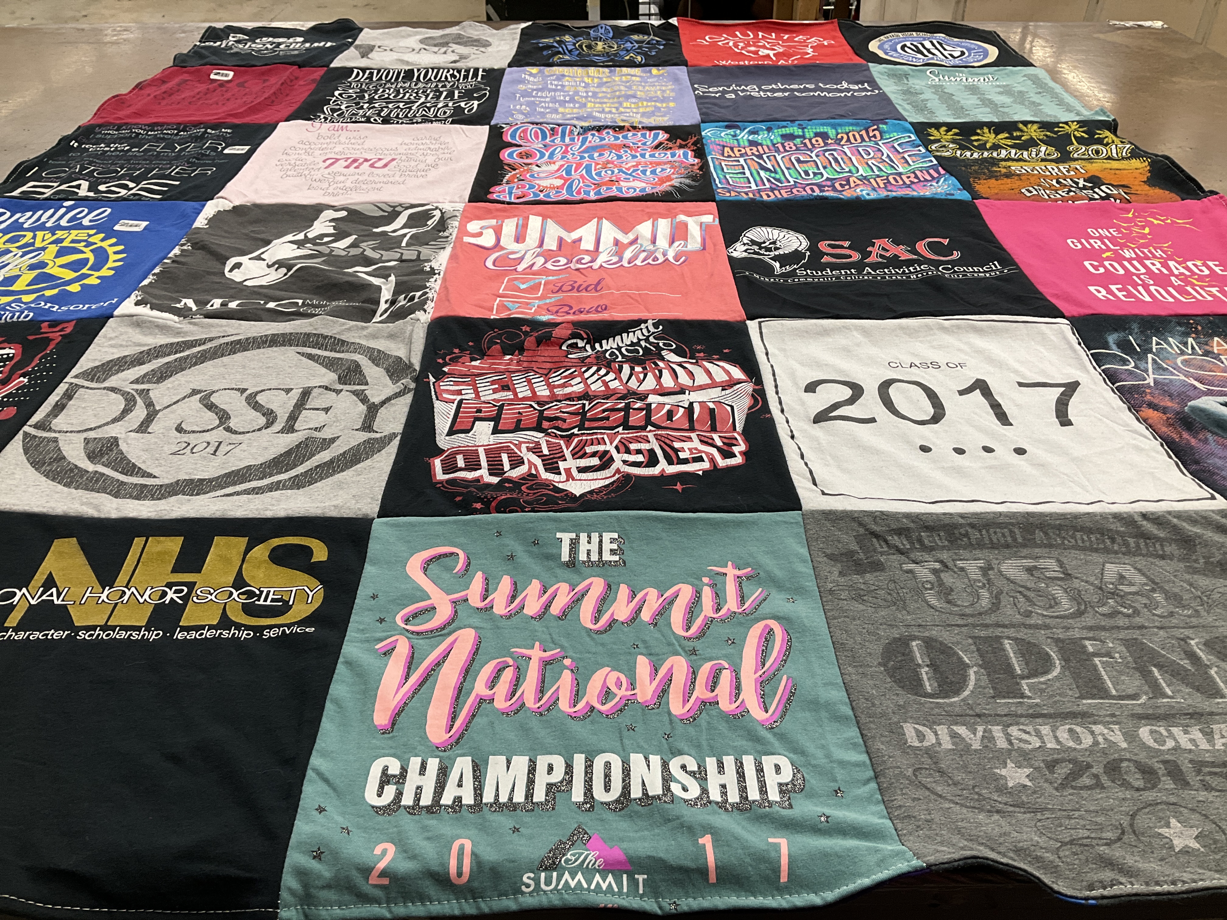 T-shirt quilt with sports, volunteerism themes by Elaine from AZ