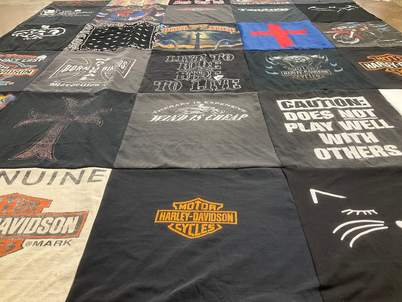 T-shirt quilt with motorcycles, biking themes by Susan from IL