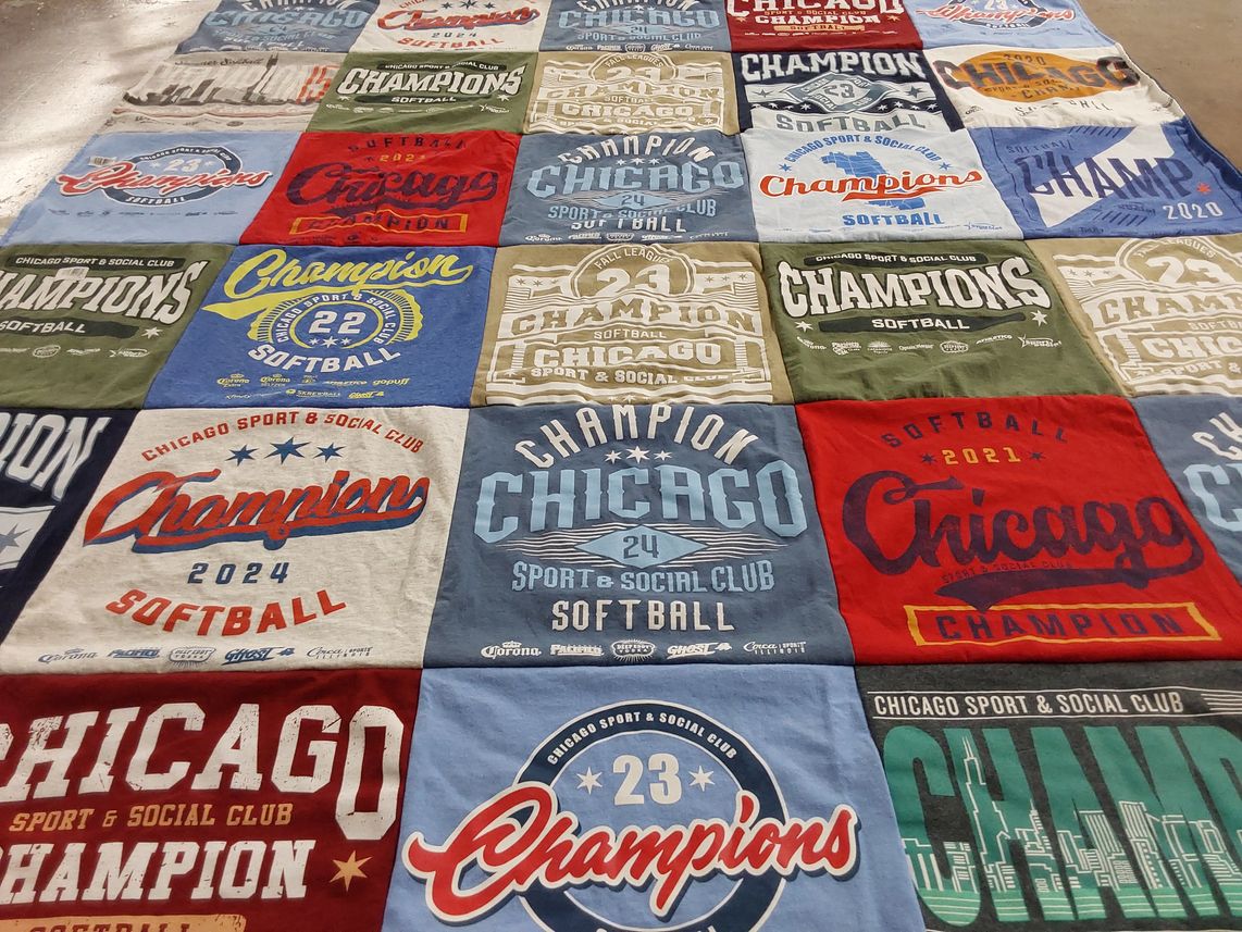 T-shirt quilt with sports, softball themes by Jamie from IL