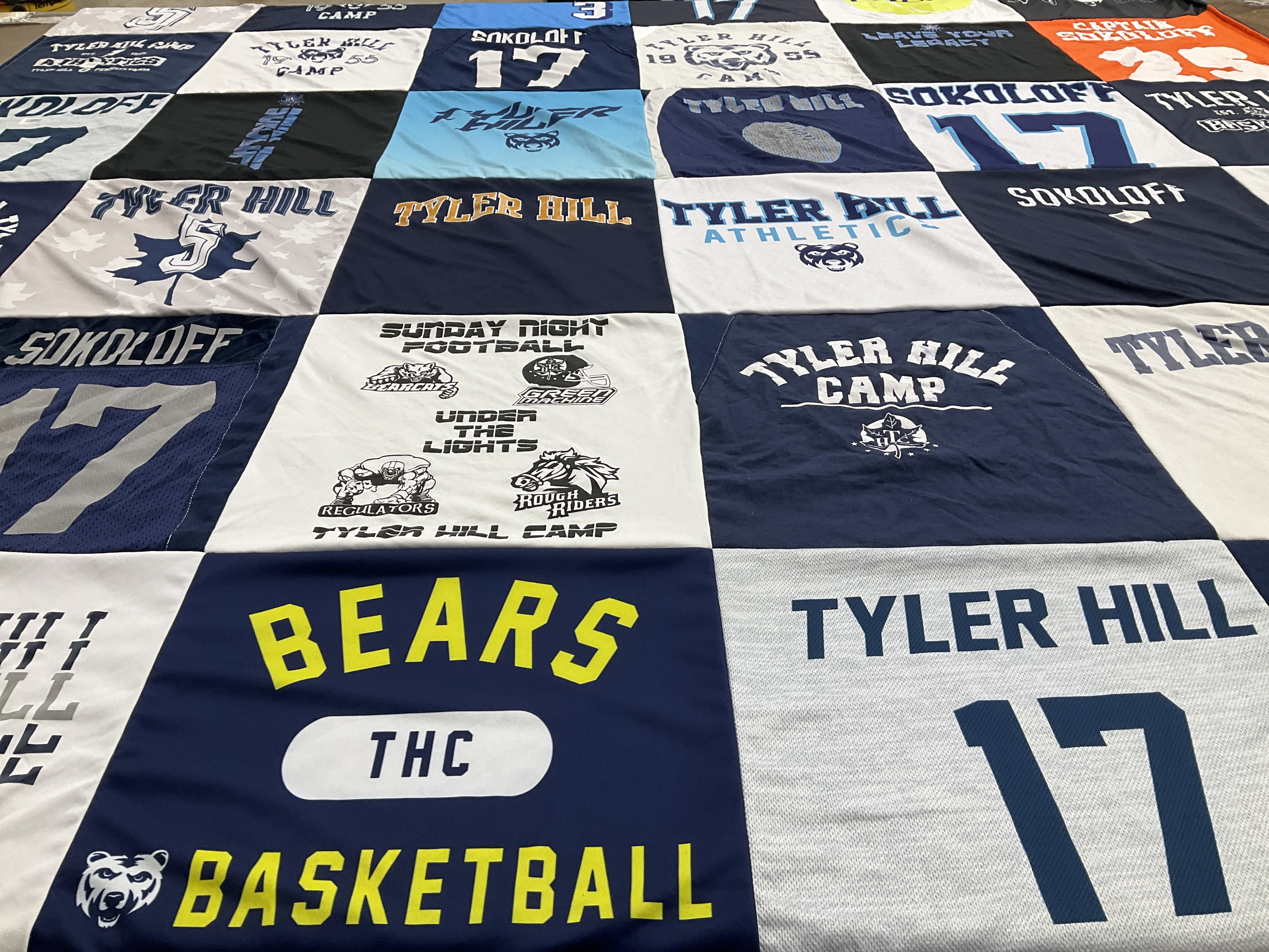 Custom Project Repat t-shirt quilt with tyler hill bears basketball team logos.