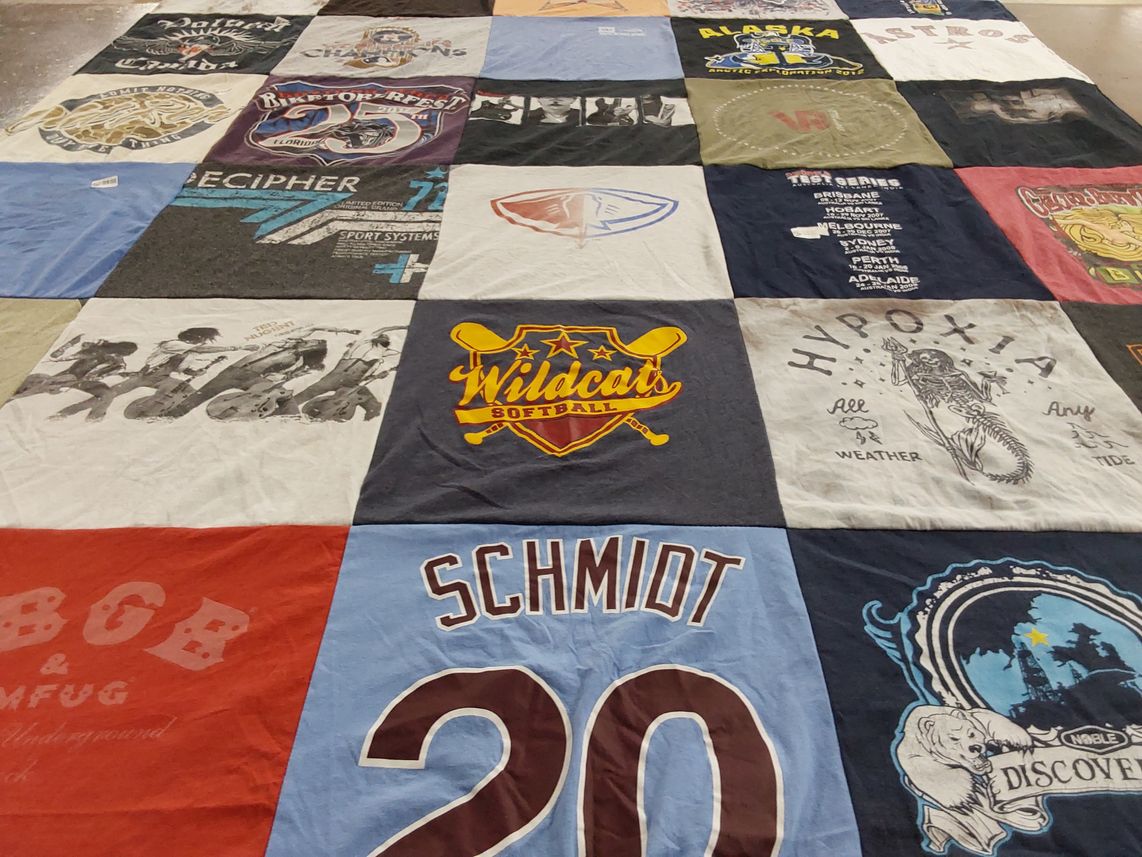 T-shirt quilt with sports, softball themes by Laurie from ME