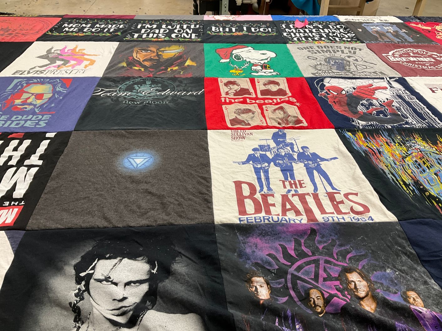 T-shirt quilt with music, movies themes by Ruthie from TX