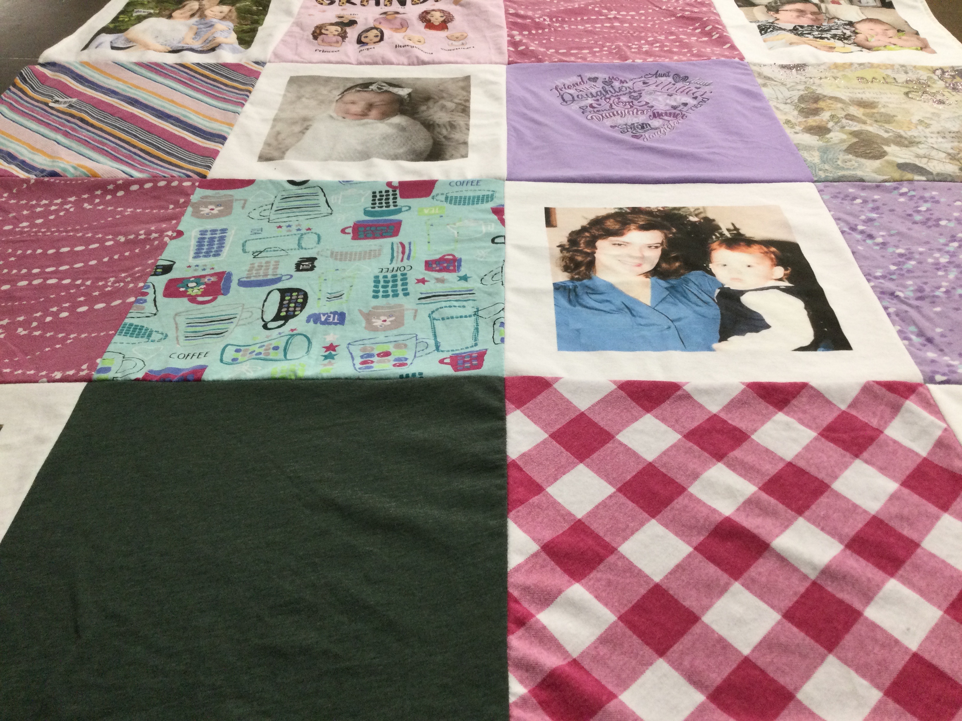 T-shirt quilt with family, cooking themes by Amanda from VA