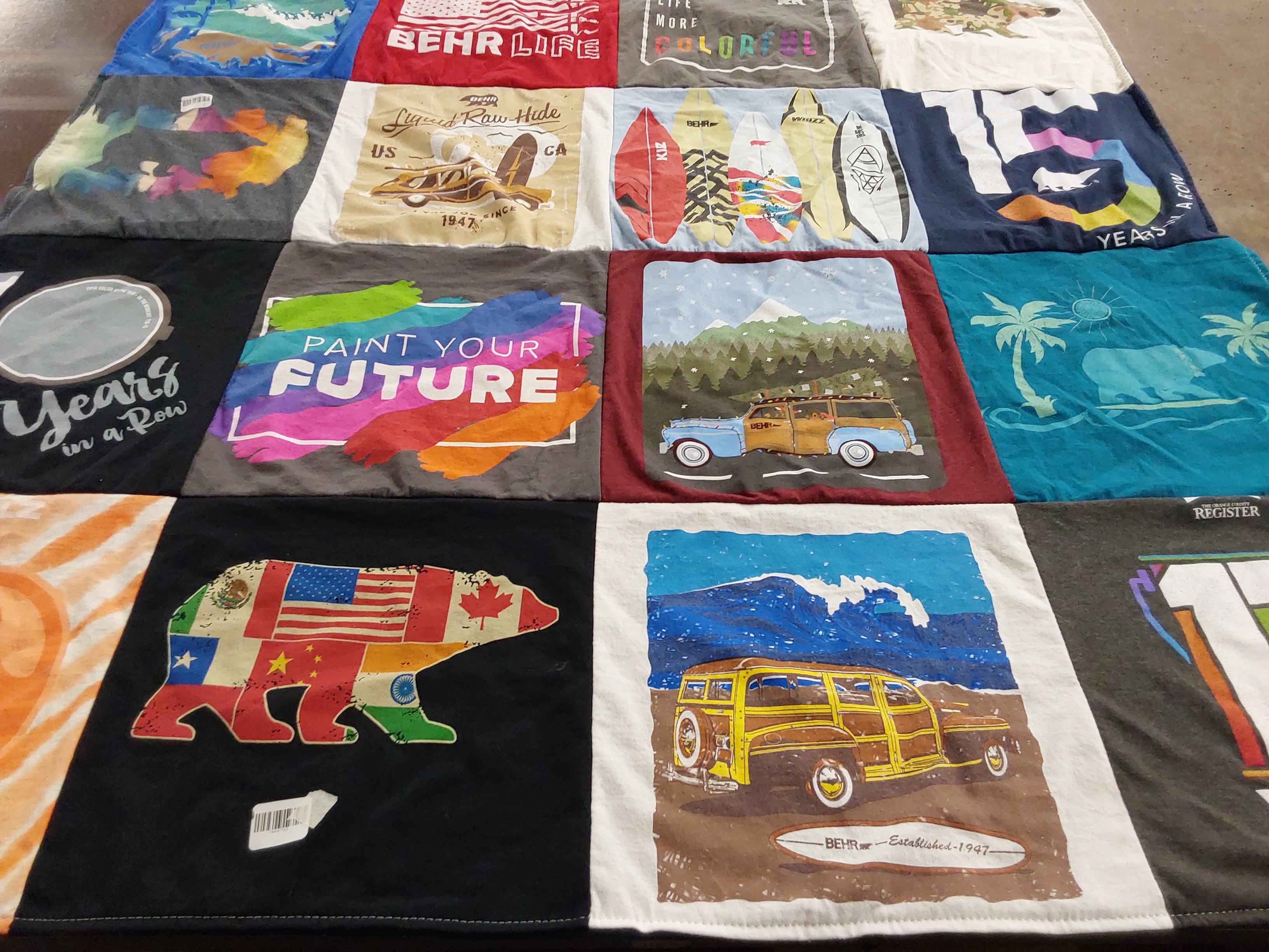 Custom Project Repat t-shirt quilt highlighting art, outdoors themes.