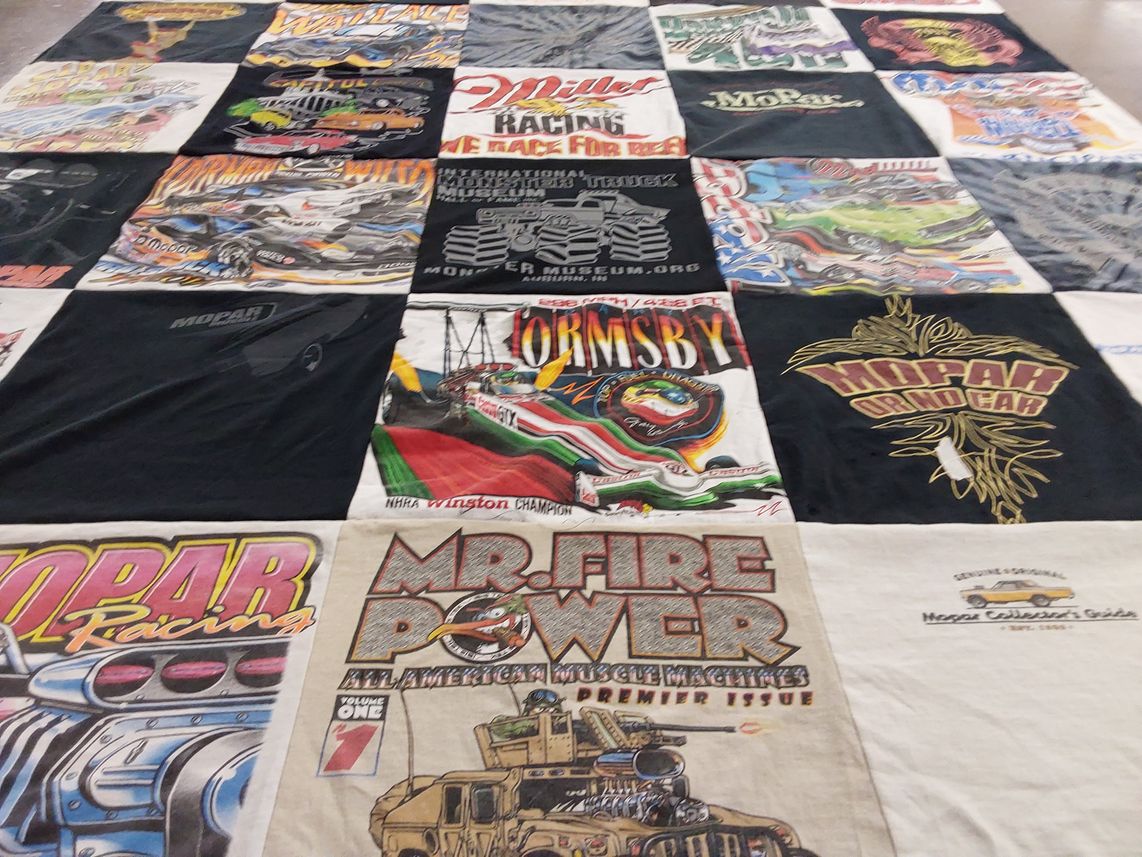 T-shirt quilt with automotive, racing themes by Debbie from MO