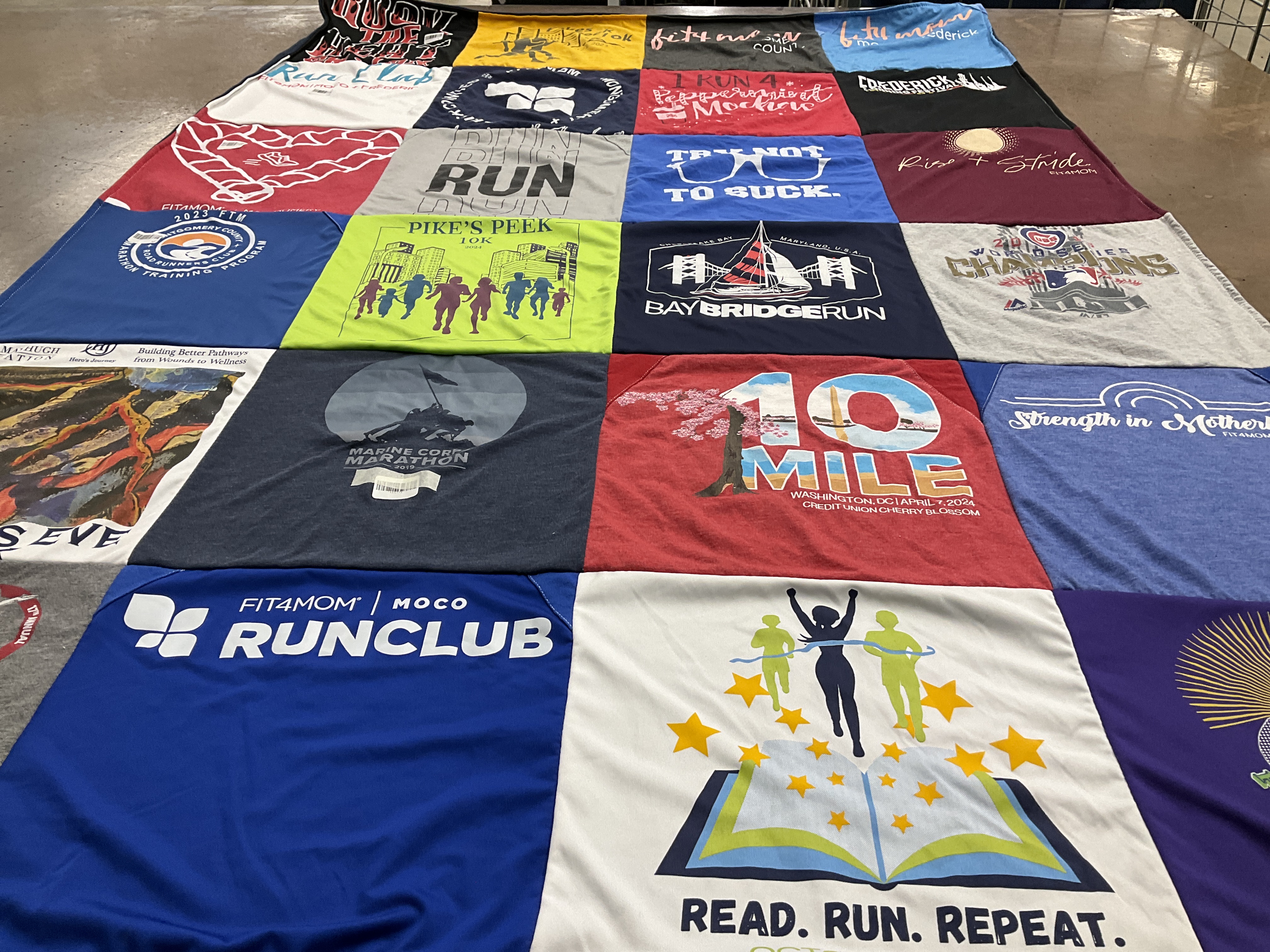 T-shirt quilt with running, fitness themes by Emily from MD