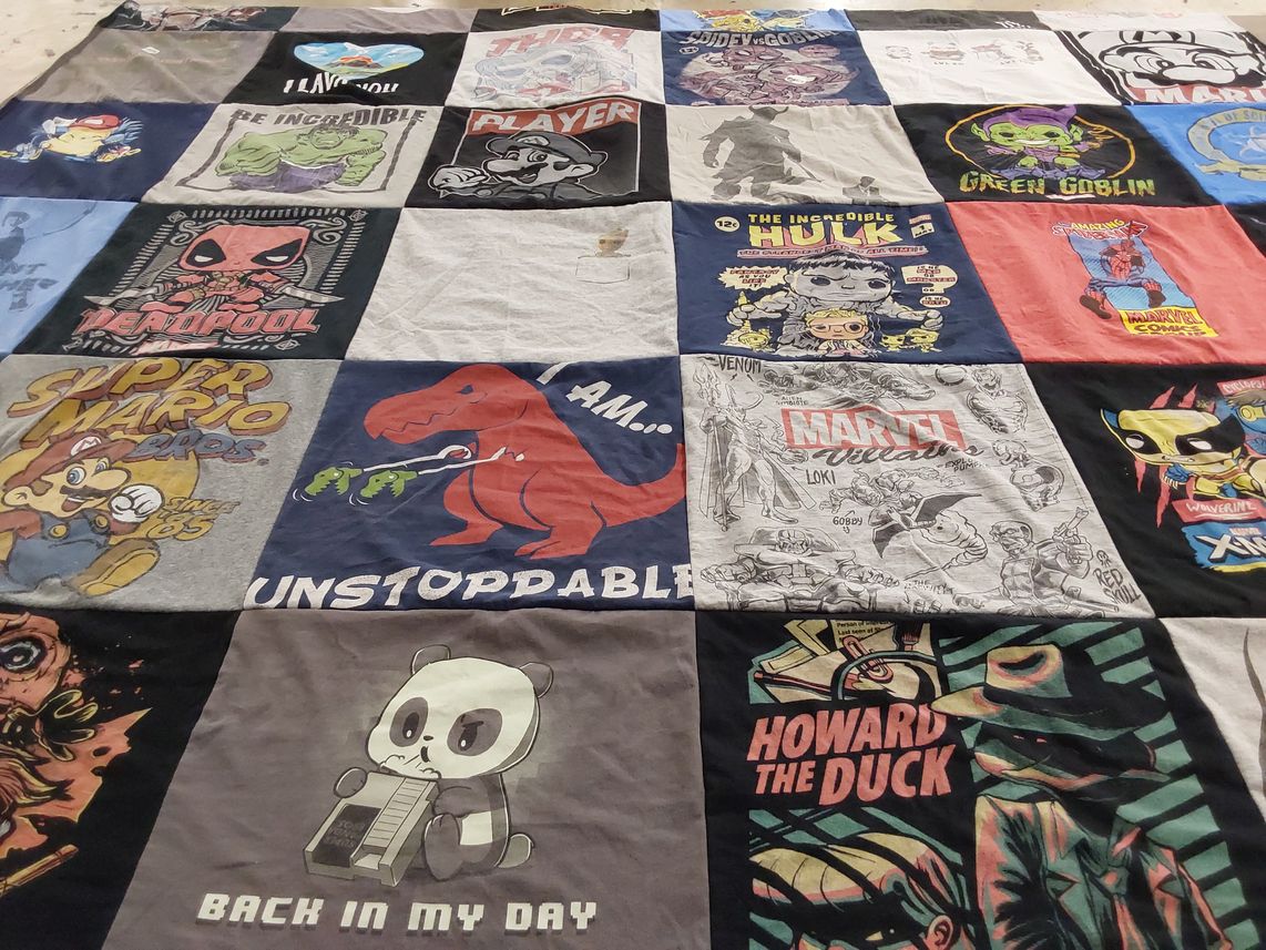 T-shirt quilt with comics, superheroes themes by Jessica from CO