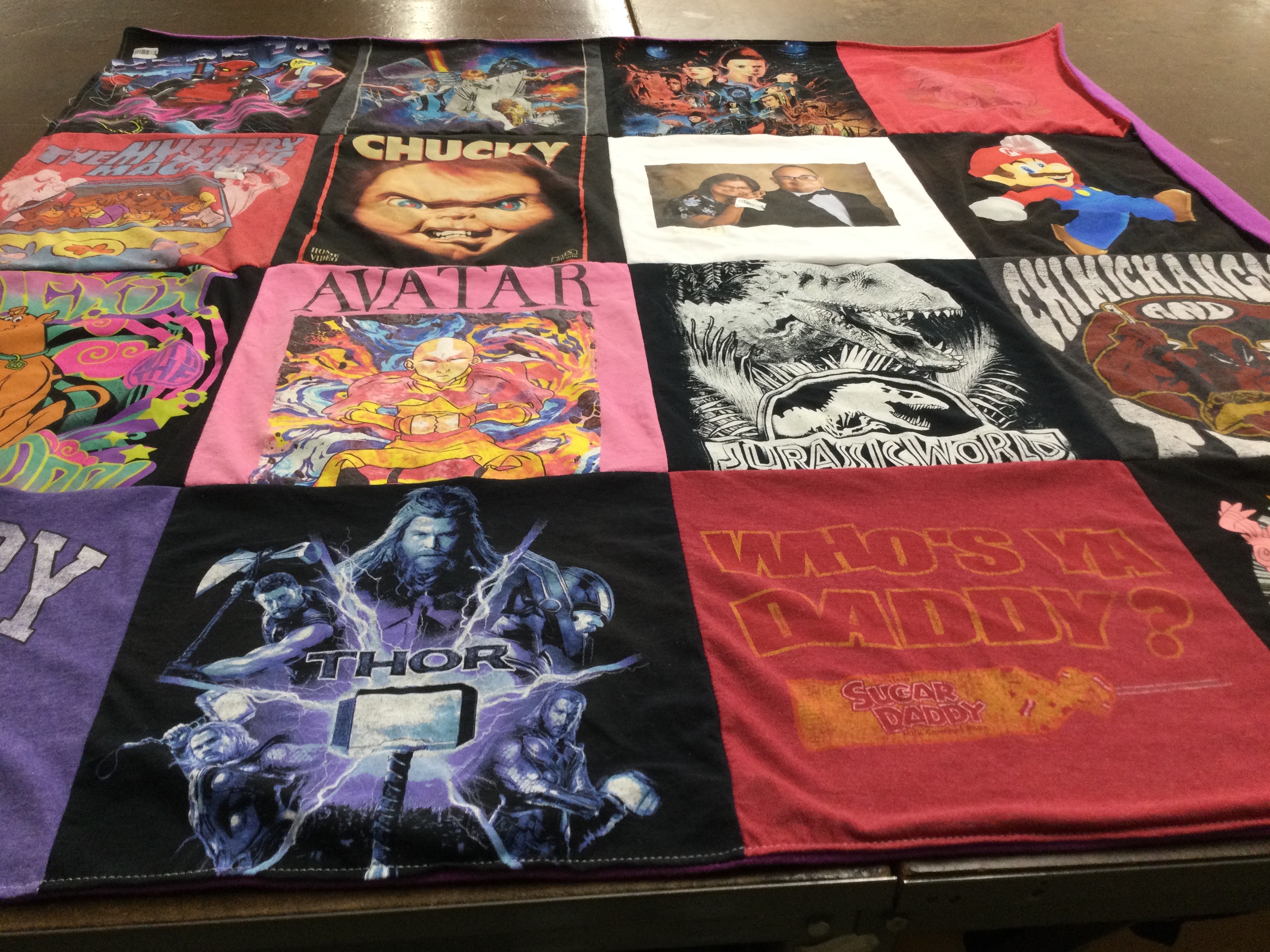 T-shirt quilt with horror films, animations themes by Lee from FL