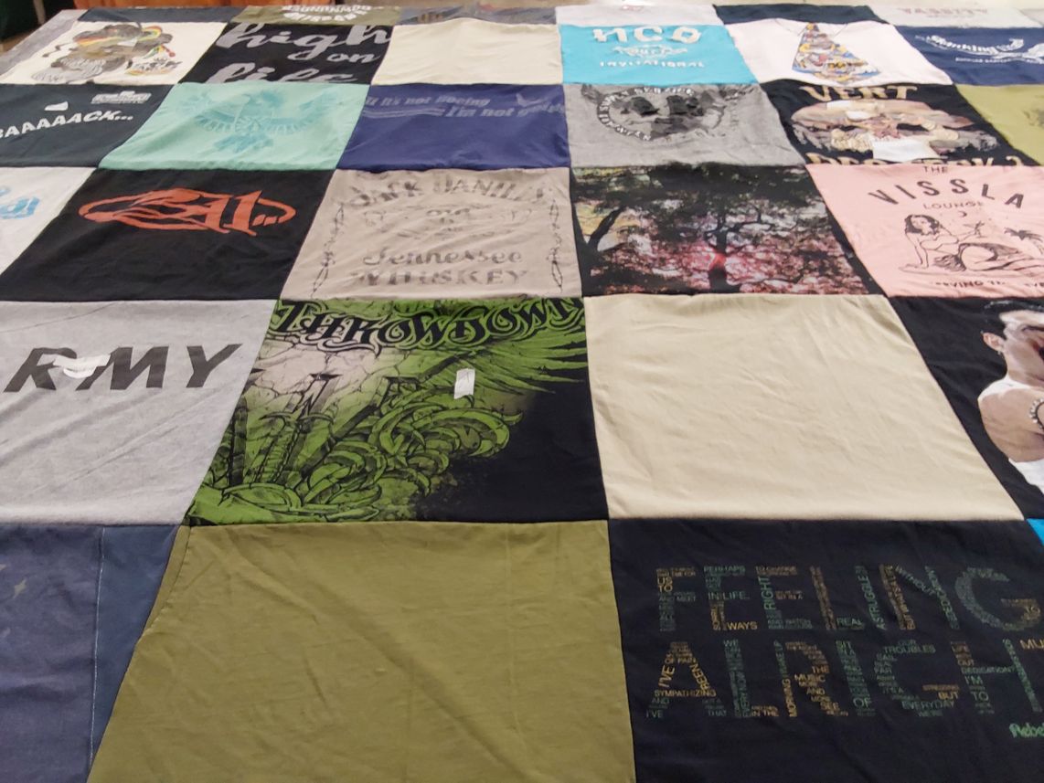 T-shirt quilt with music, nature themes by Margaret from AZ