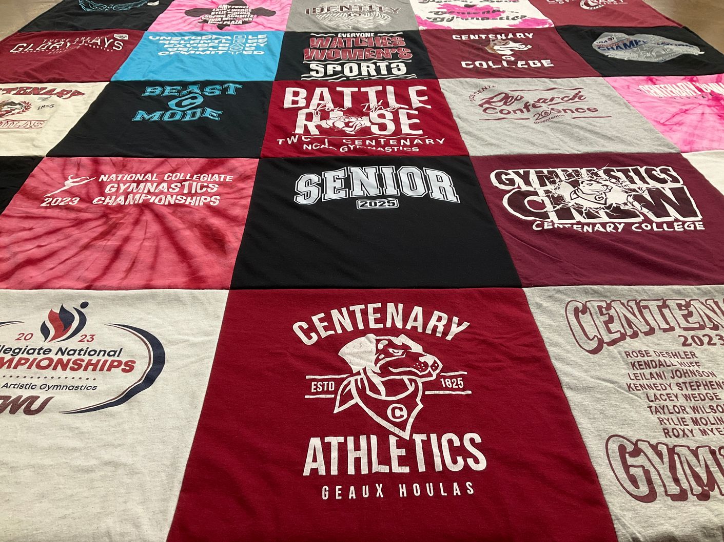 T-shirt quilt featuring centenary college gymnastics team by Sharon from TX