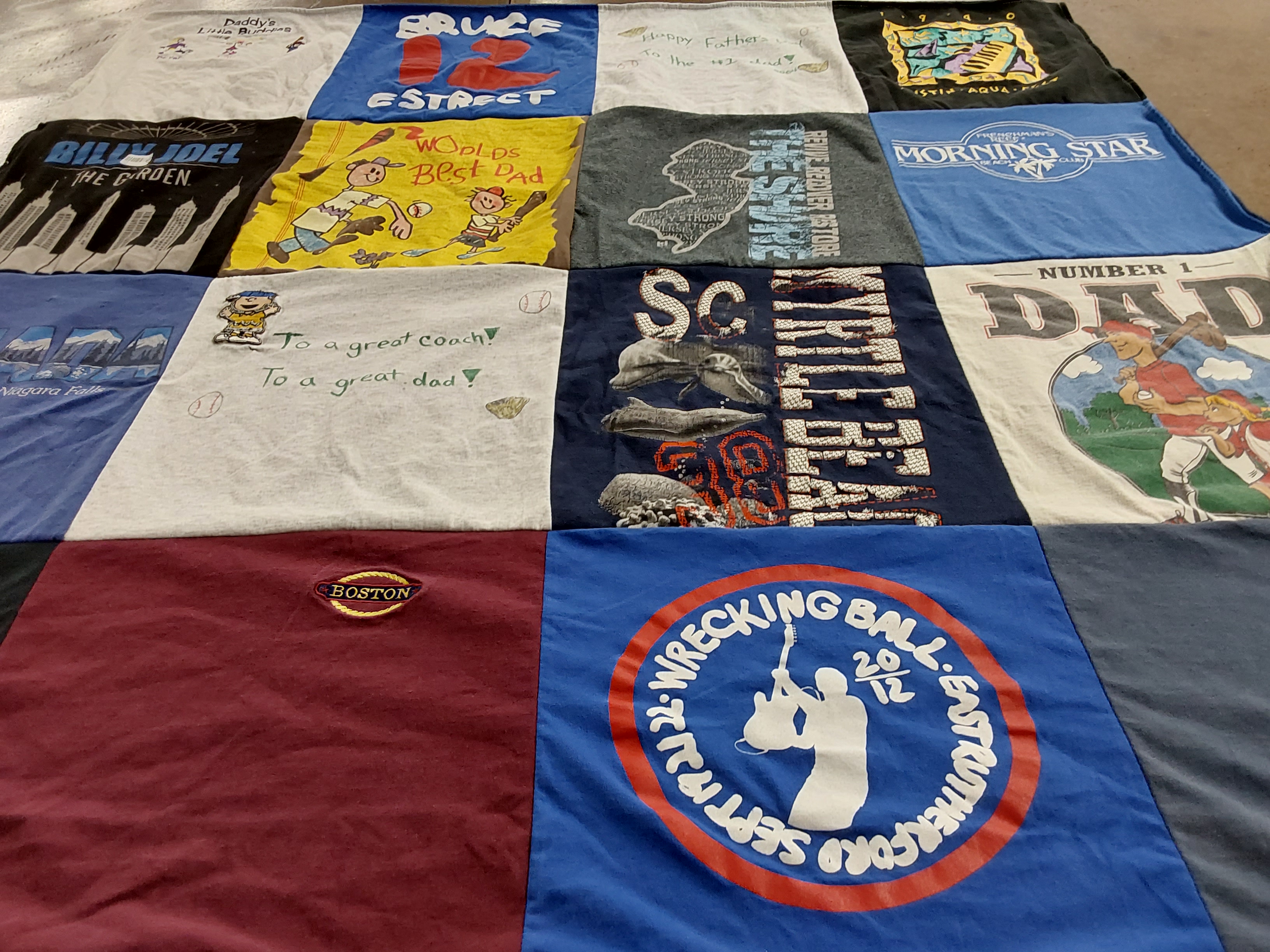 T-shirt quilt with music, fatherhood themes by Joe from NJ