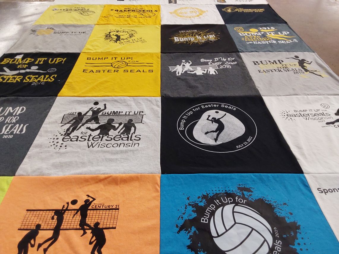 T-shirt quilt with volleyball, fundraising themes by Carlie from WI