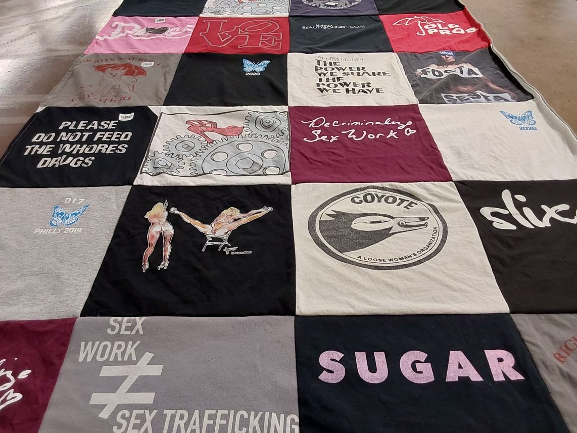 T-shirt quilt with sexual health, sex work themes by Melanie from PA
